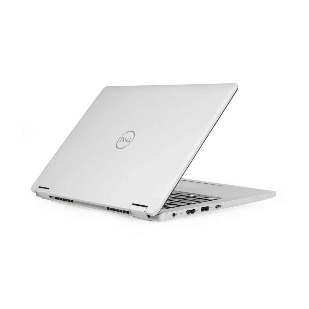 Ein silberner Dell Laptop ist geöffnet, mit Blick auf die Tastatur und Anschlüsse.