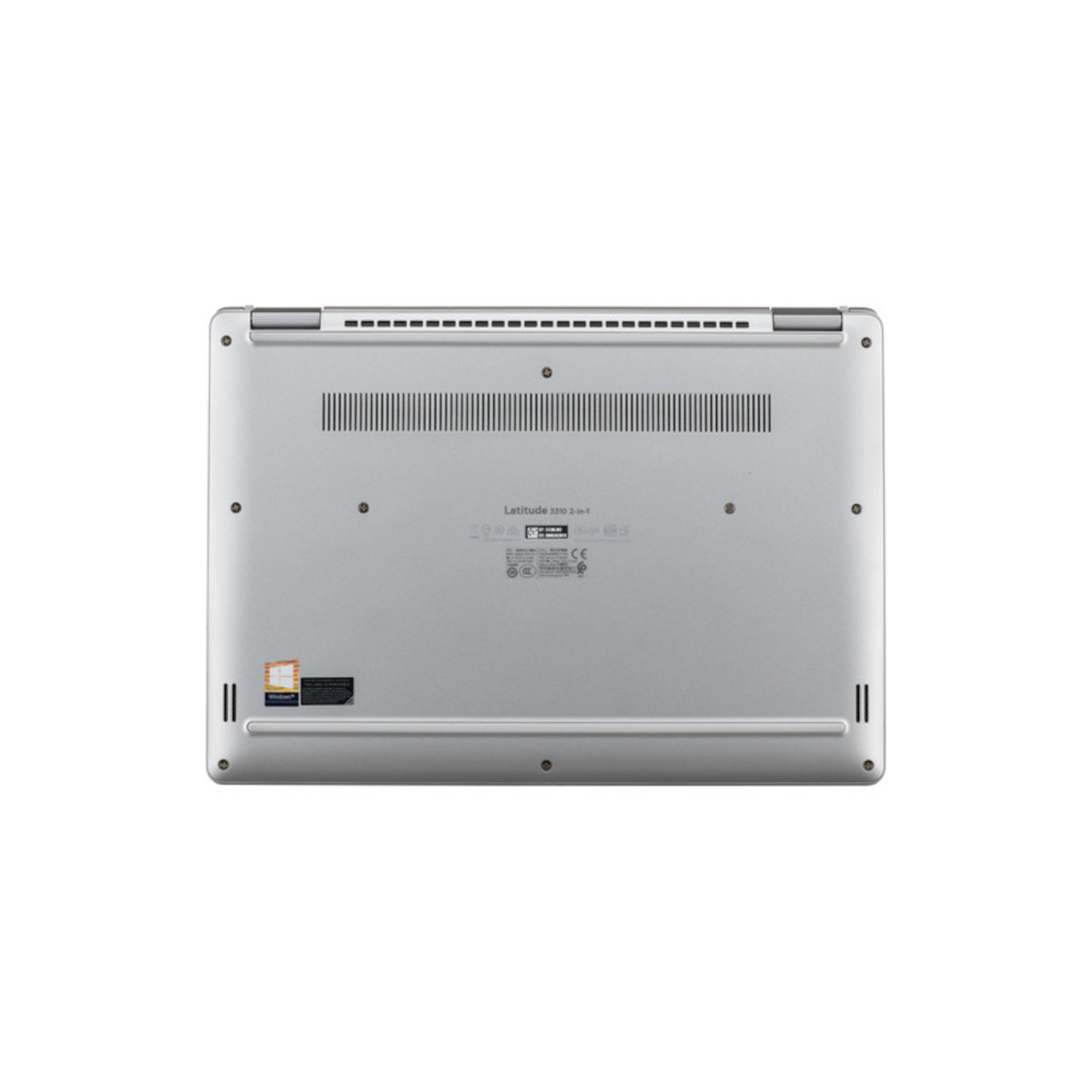 Rückseite eines silbernen Dell Latitude 3310 2-in-1 Laptops mit Belüftungsschlitzen.