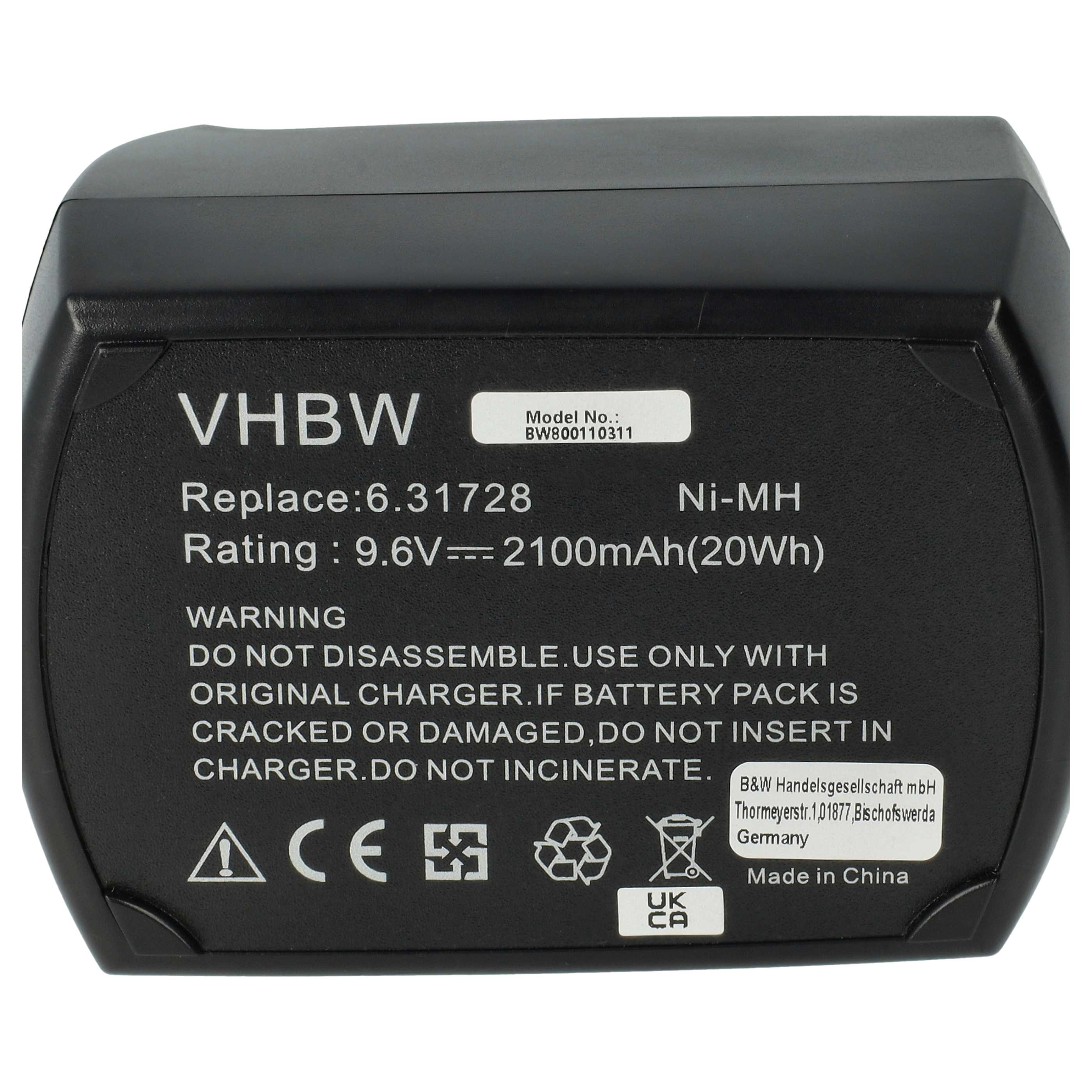 Schwarzer Akku mit VHBW-Logo, 9,6V, 2100mAh, Warnhinweisen und CE-Zeichen.