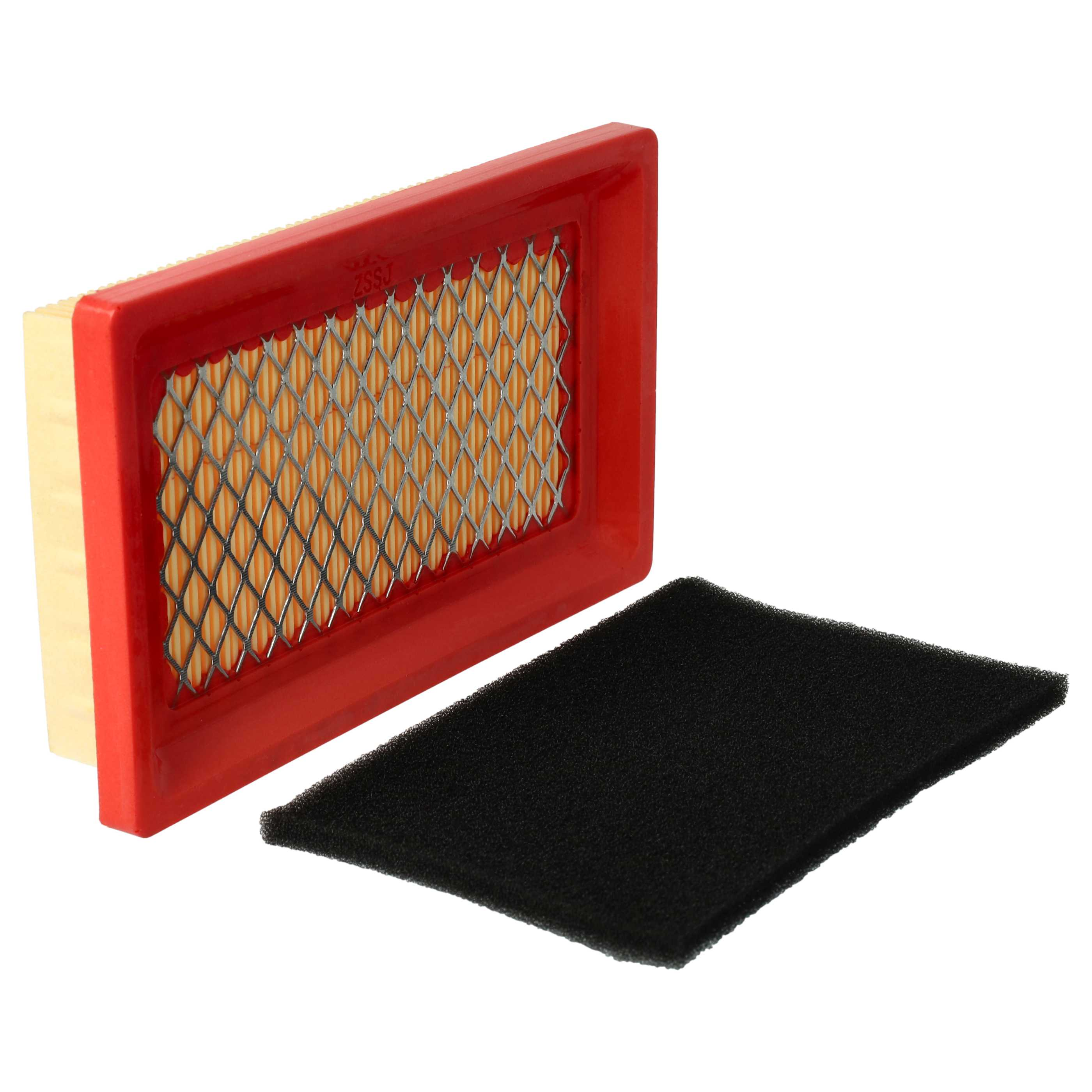 Ein roter Luftfilter mit gelbem Filtermaterial und ein schwarzer Schaumstofffilter.