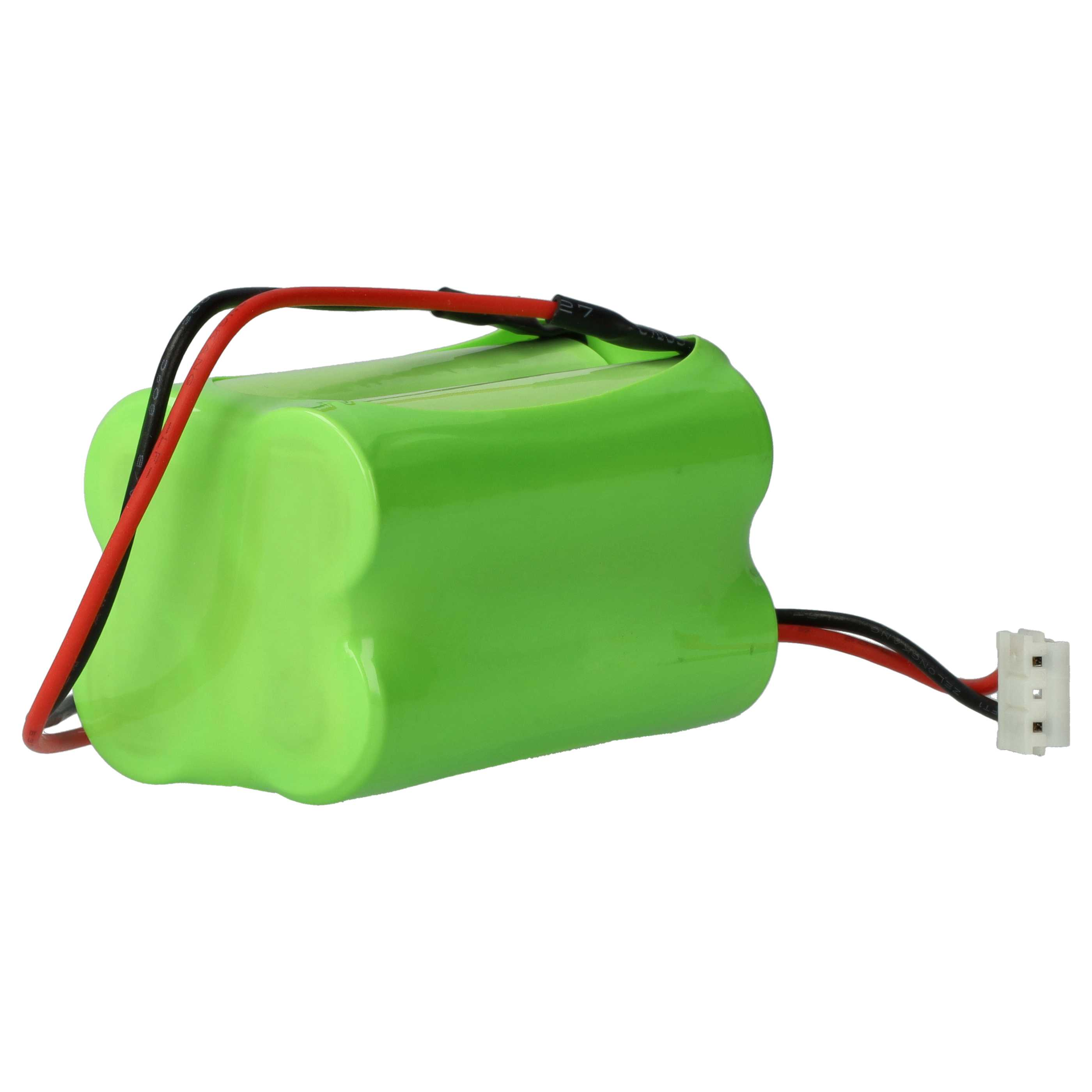 Ein grüner Akku mit roten und schwarzen Kabeln und einem weißen Stecker.