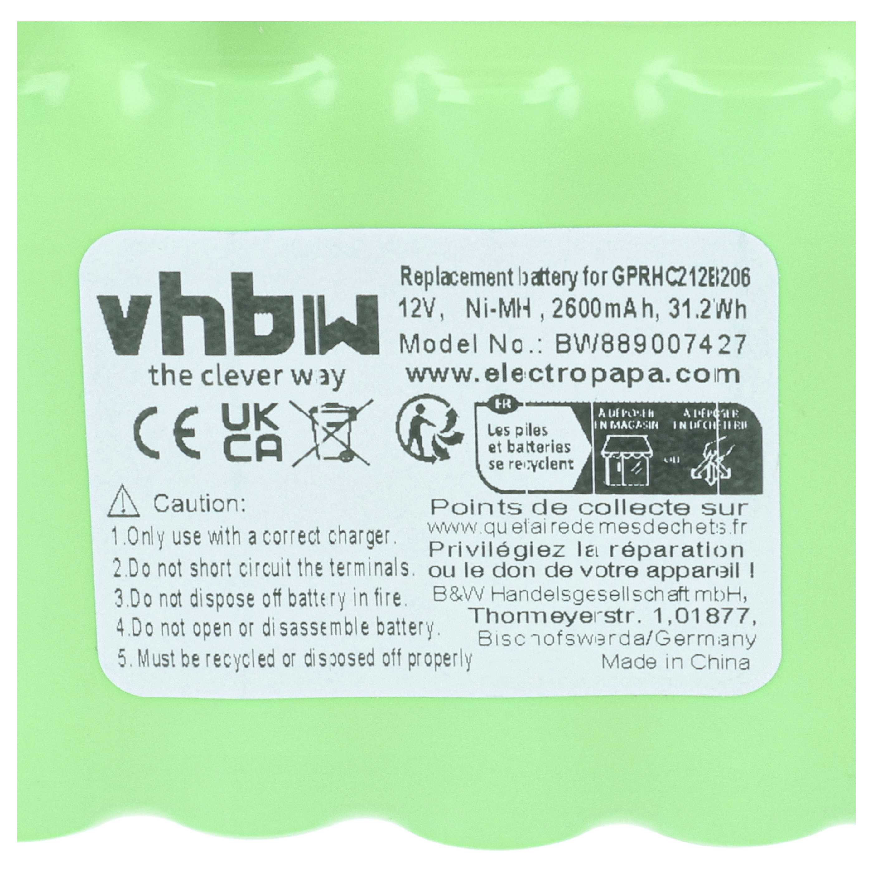VHBW Akku, 12V Ni-MH, 2600mAh, Modell BW889007427. Vorsichtshinweise.