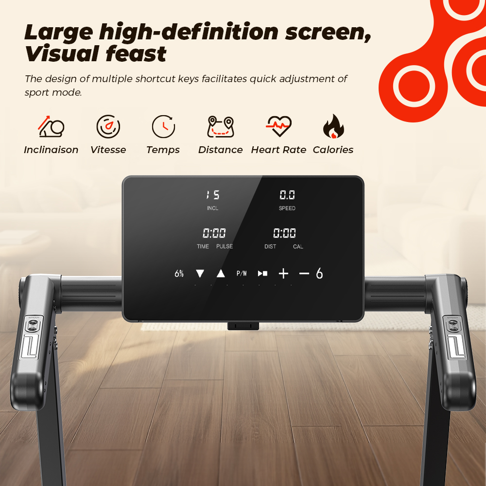 Konsola bieżni wyświetla nachylenie, prędkość, czas, dystans i kalorie.