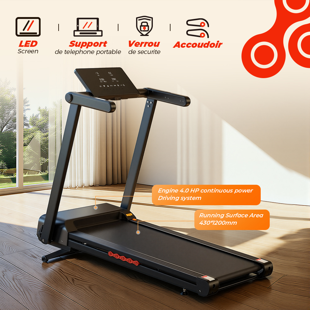 Czarna bieżnia z ekranem LED, uchwytami i pomarańczowymi oznaczeniami.