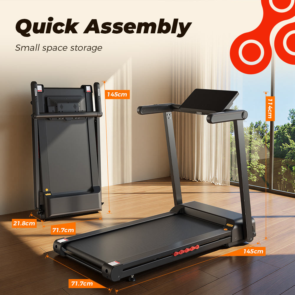 Czarna, składana bieżnia w pokoju z podanymi wymiarami.