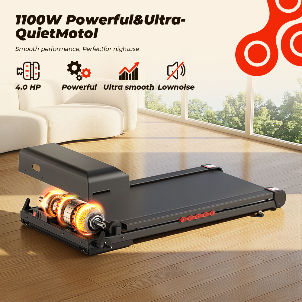 Bieżnia z otwartym silnikiem o mocy 1100W stoi na drewnianej podłodze.