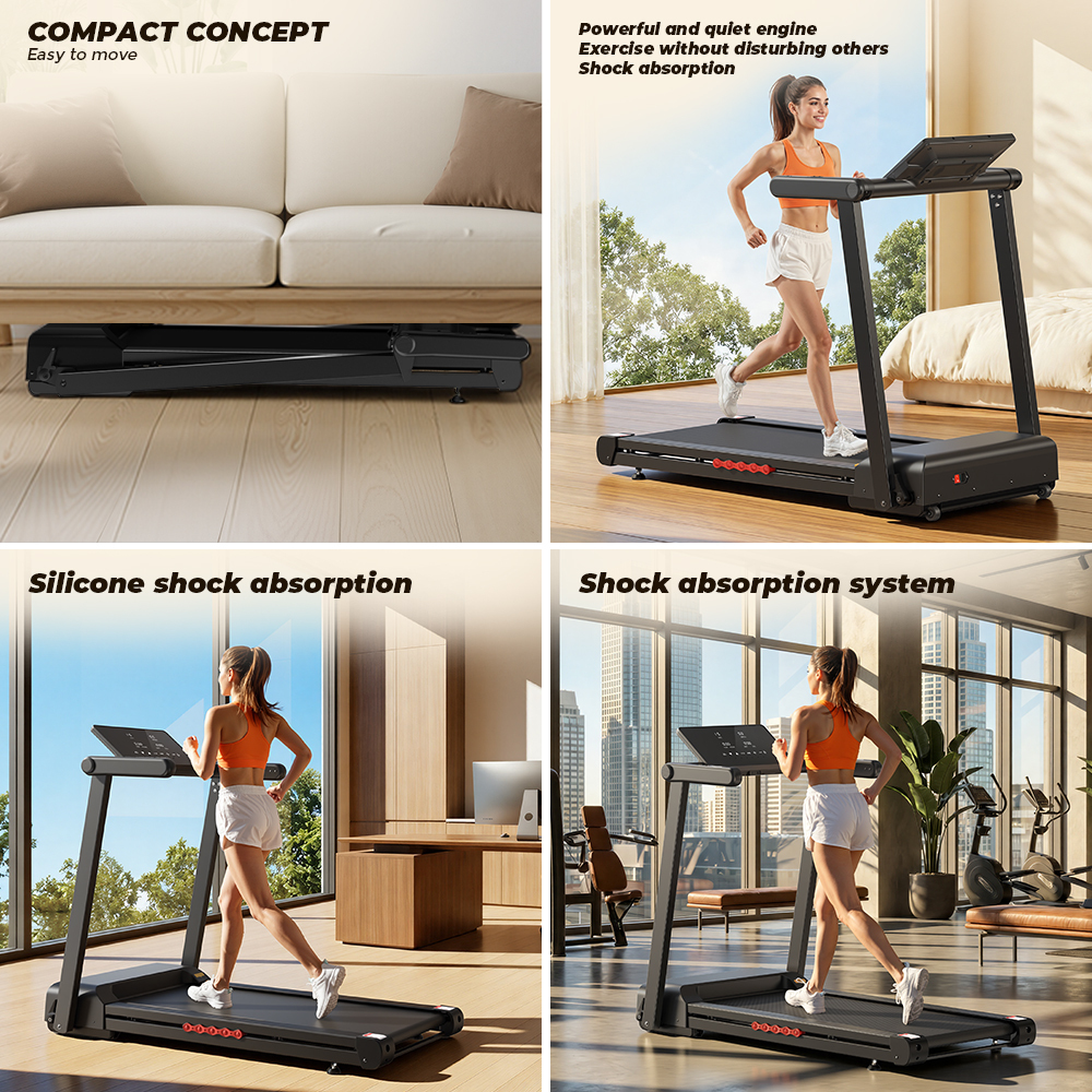 Cztery kolaże pokazują bieżnię w różnych otoczeniach.