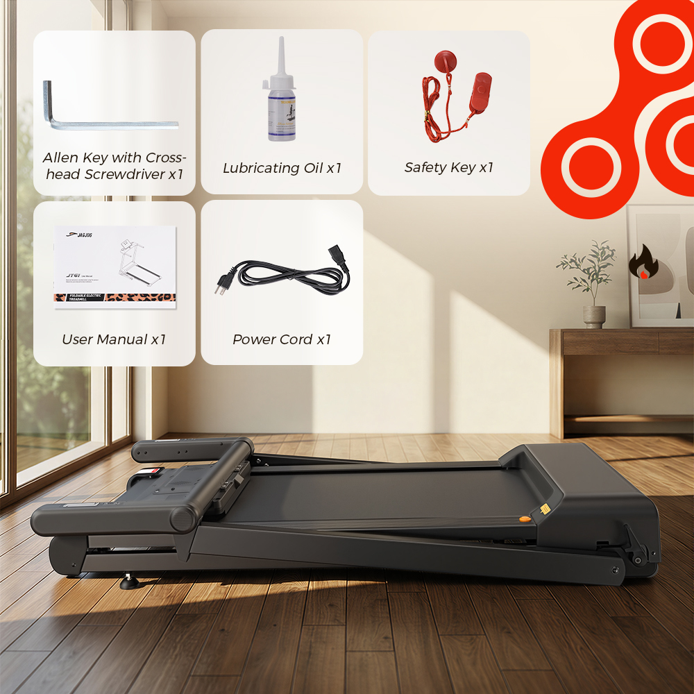 Bieżnia z akcesoriami: klucz imbusowy, olej, klucz bezpieczeństwa, instrukcja, kabel.