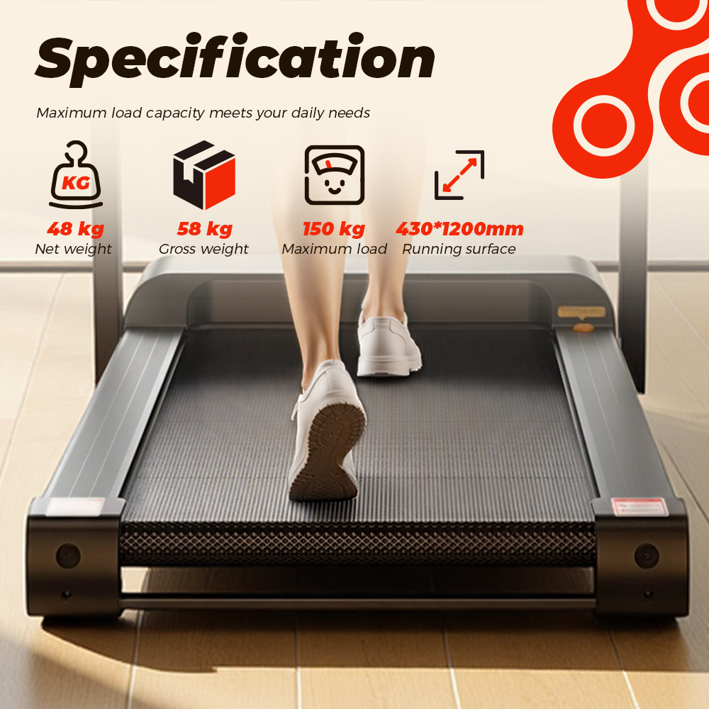 Bieżnia pokazująca specyfikacje: masa netto, masa brutto, maksymalne obciążenie, powierzchnia biegu.