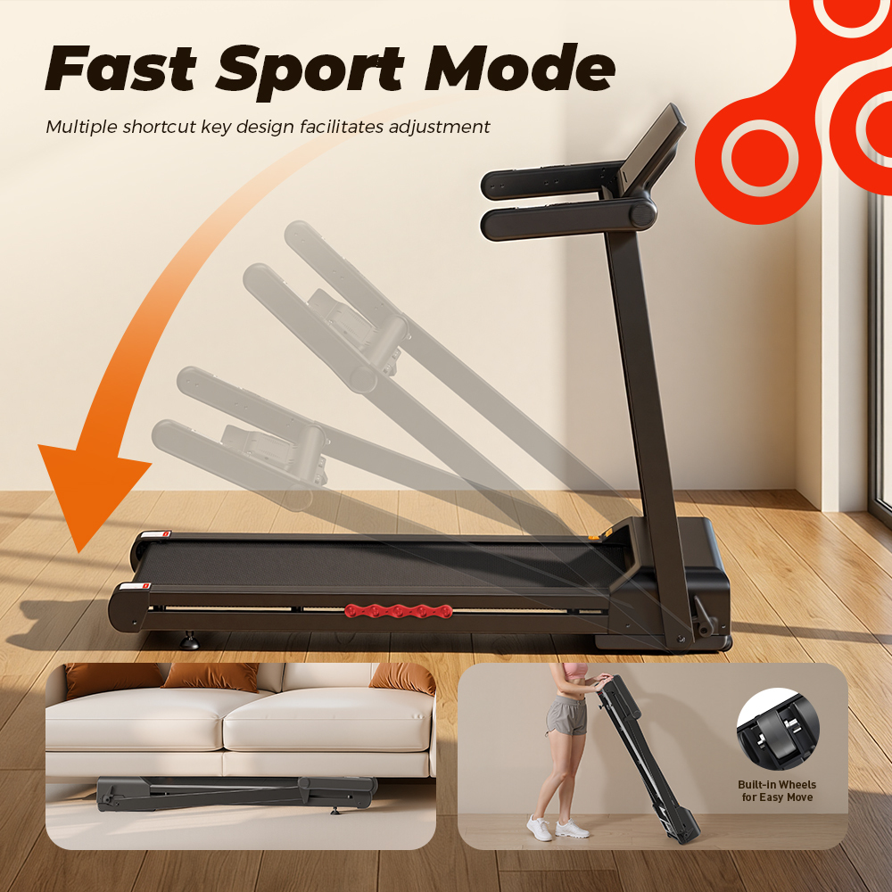 Czarna bieżnia z regulowanym uchwytem i pomarańczową strzałką. Na dole: złożona pod sofą i osoba z bieżnią.