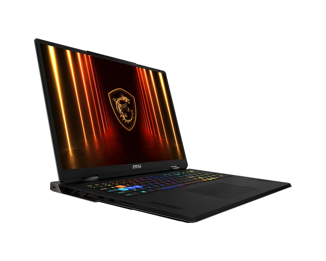 Laptop gaming MSI nero con tastiera illuminata e logo del drago sullo schermo.