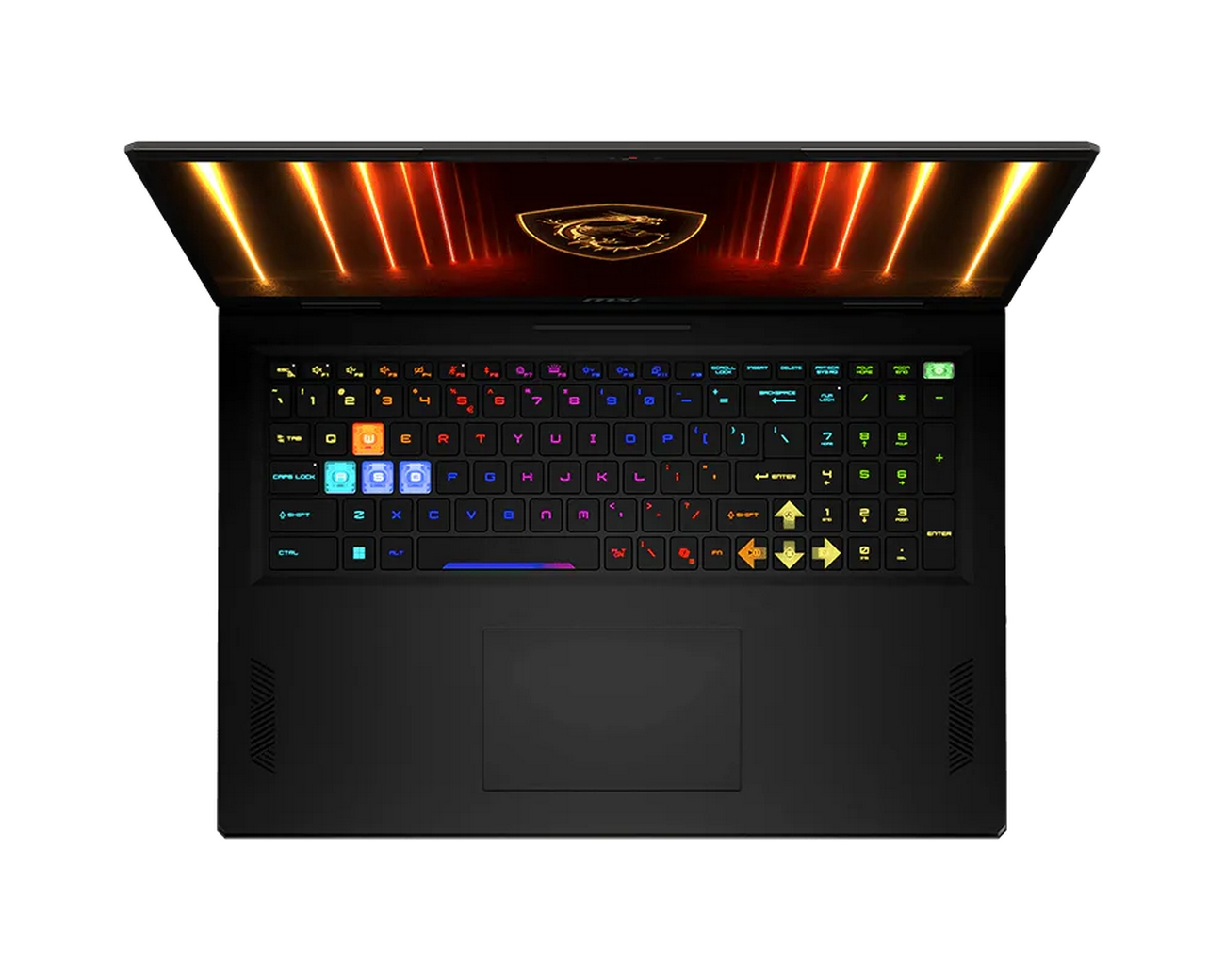 Un laptop nero con tastiera retroilluminata e logo elegante sullo schermo.