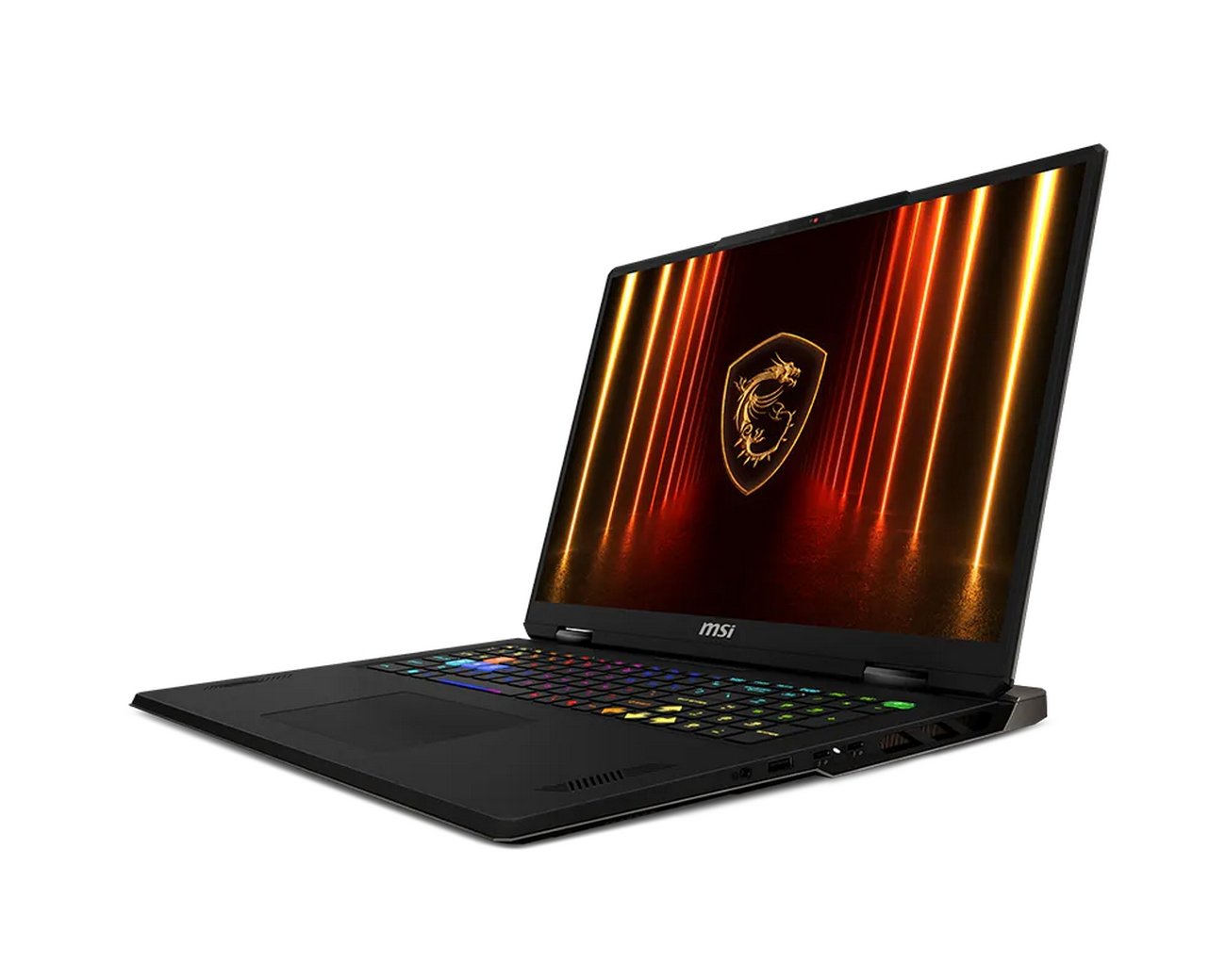 Laptop MSI nero con tastiera illuminata e logo del drago sullo schermo.