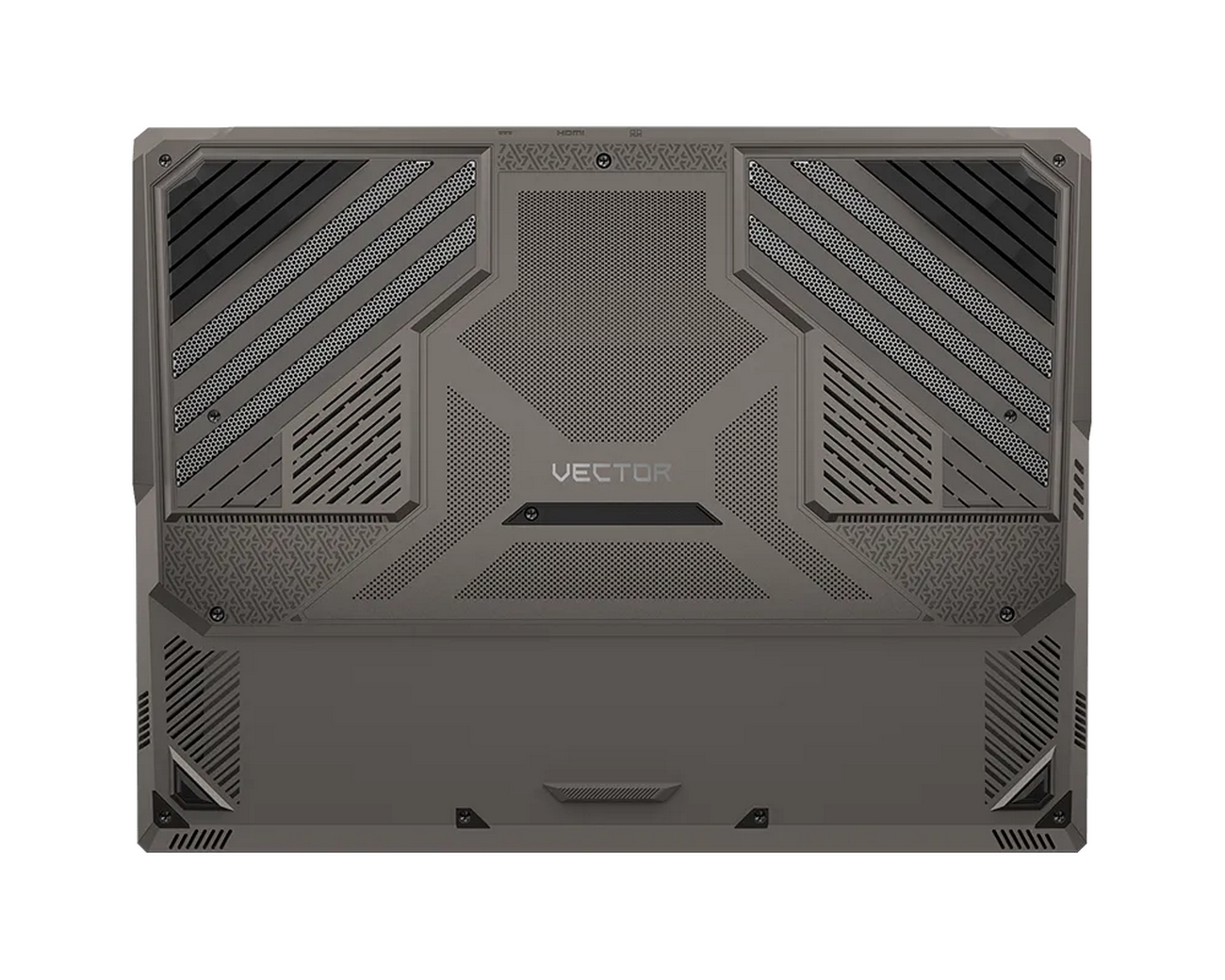 Parte inferiore di un laptop scuro con griglie di ventilazione e testo "VECTOR".