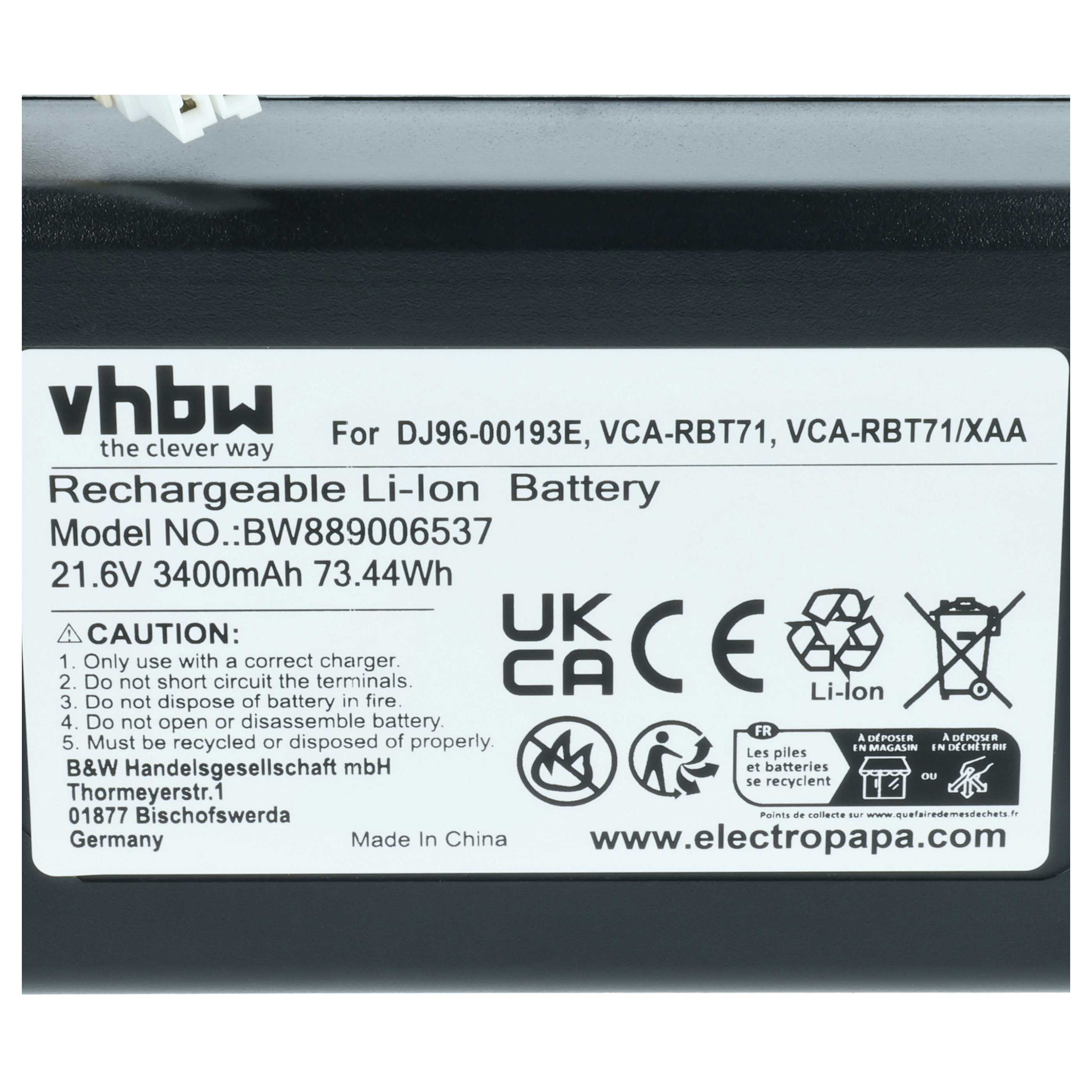 vhbw Akku: Modell BW889006537, 21.6V, 3400mAh, Li-Ion.