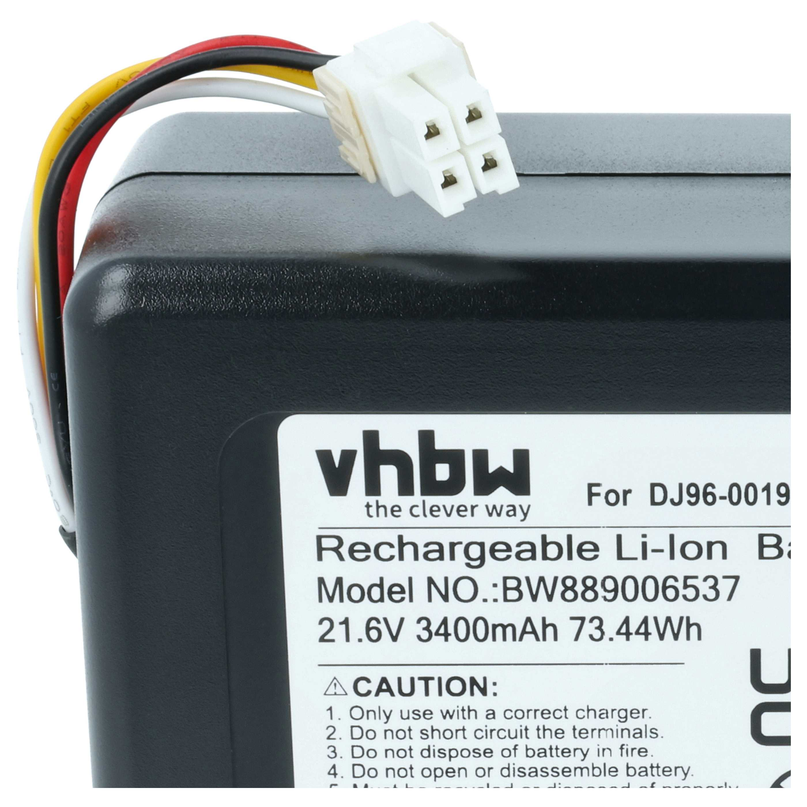 Schwarzer Akku mit Kabeln und weißem Stecker. VHBW Label mit Details.