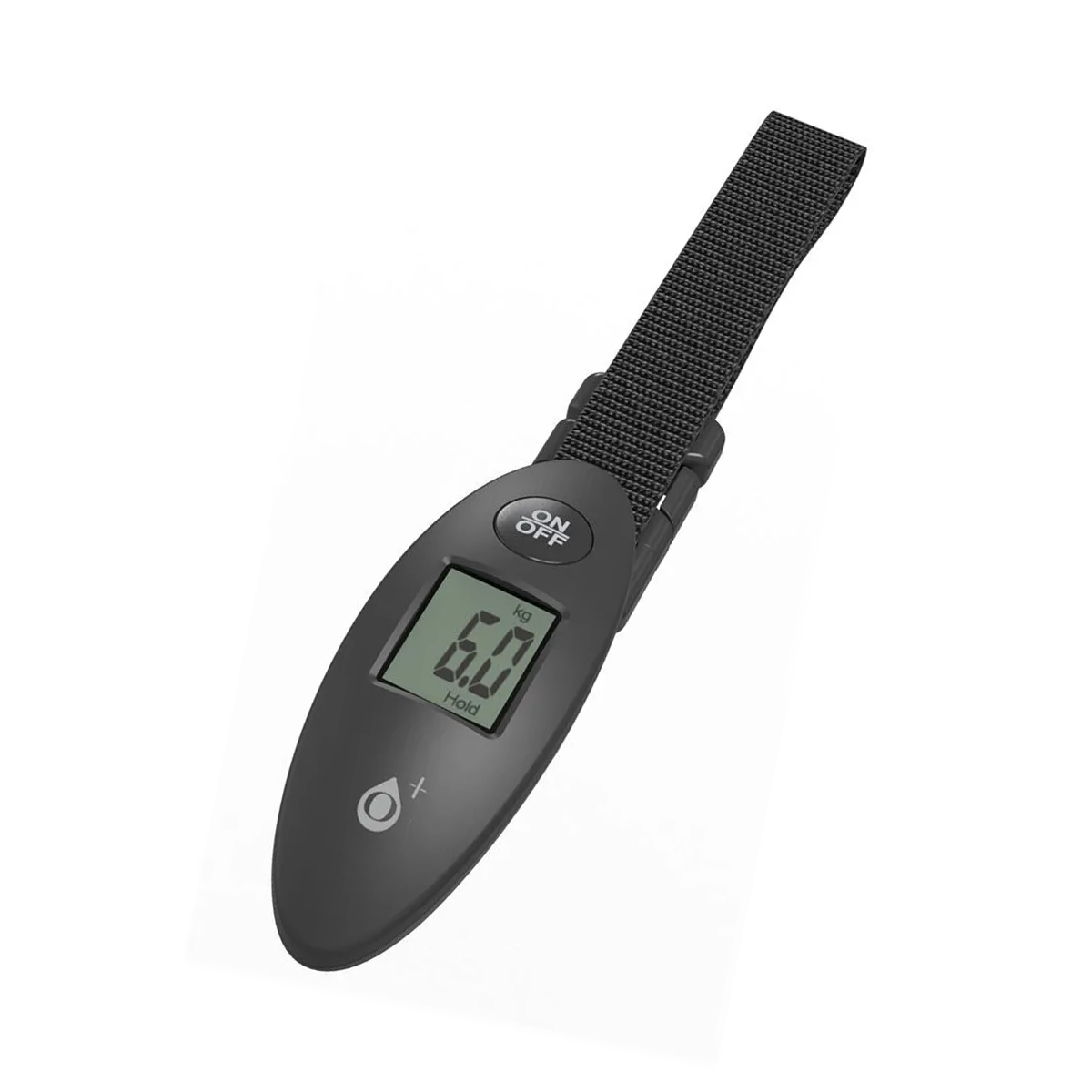 Schwarze digitale Kofferwaage mit einem Band, das 6,0 kg anzeigt.
