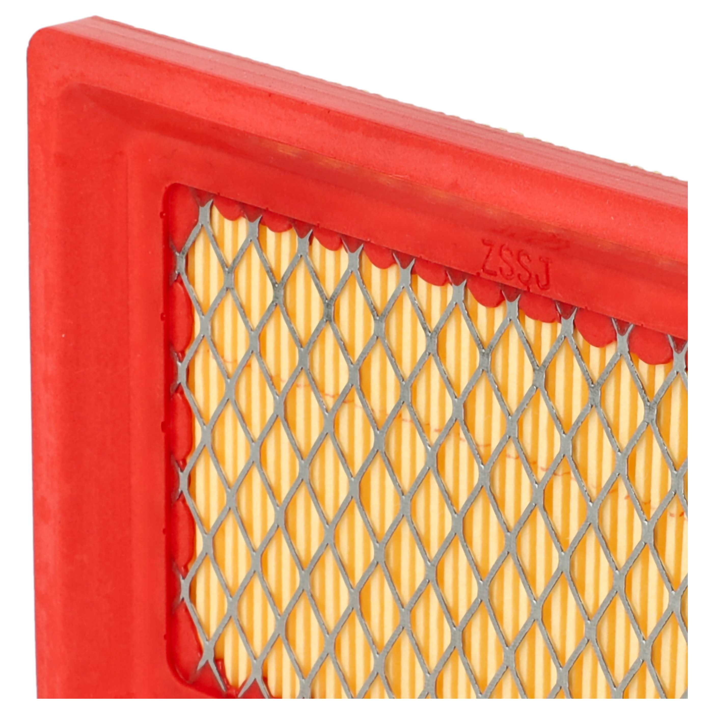 Ein roter Luftfilter mit gelbem Filtermedium und einem Metallgitter.
