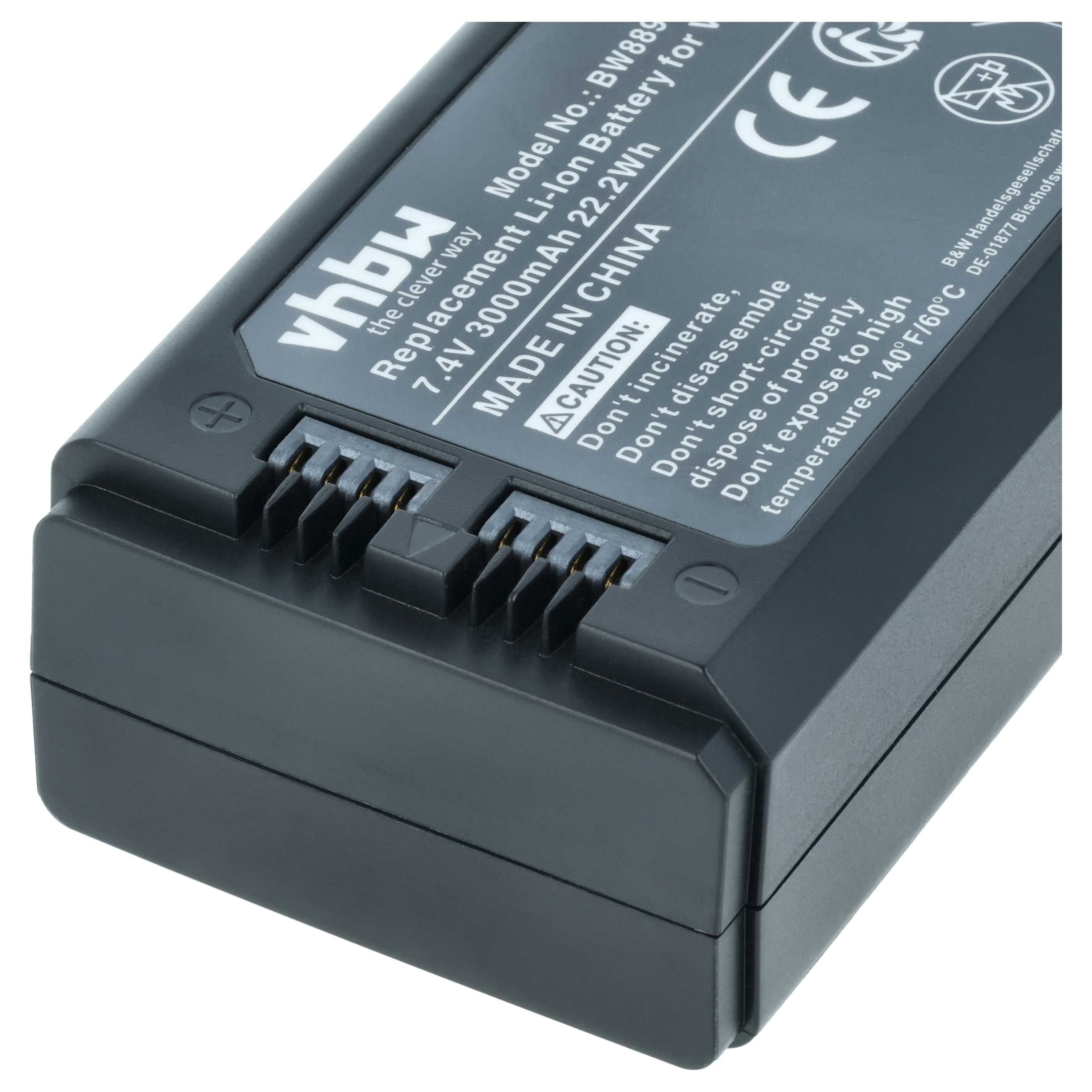 Ein schwarzer VHBW Li-Ion Akku mit Kontakten und Beschriftungen.
