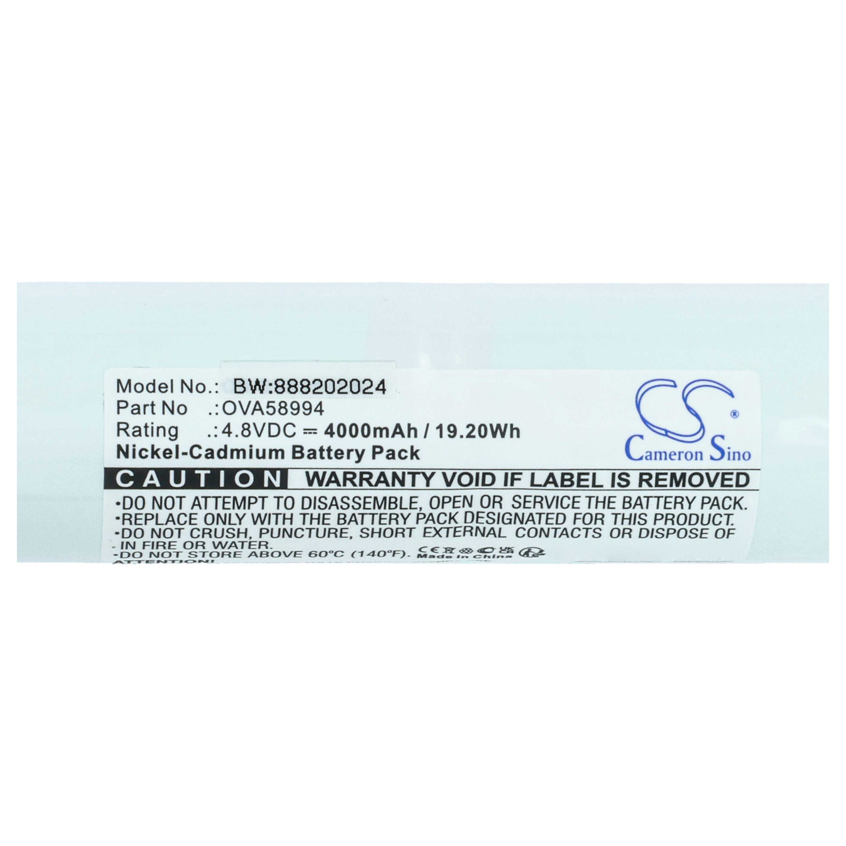 Etikett eines Nickel-Cadmium-Akkus: Modell BW:888202024, 4,8V, 4000mAh.