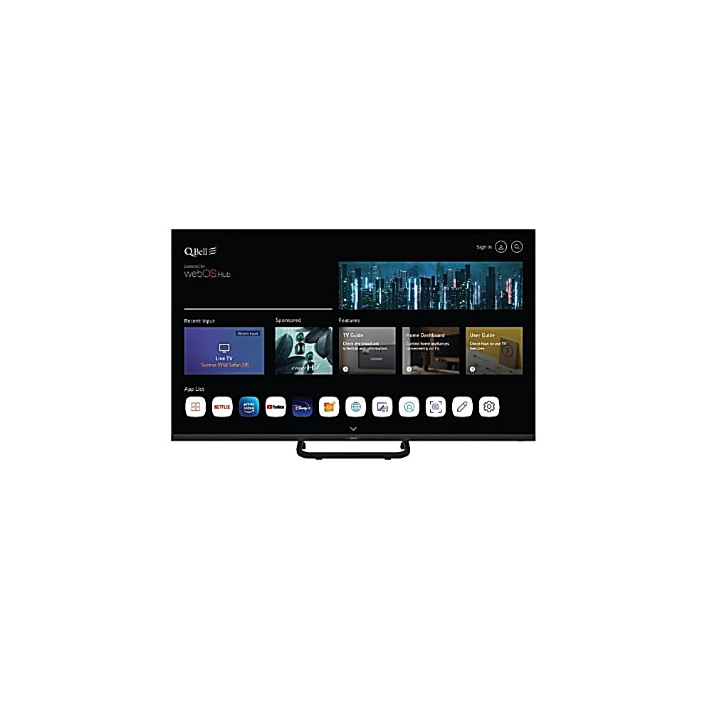Uno schermo TV mostra il menu WebOS Hub con app e funzionalità.