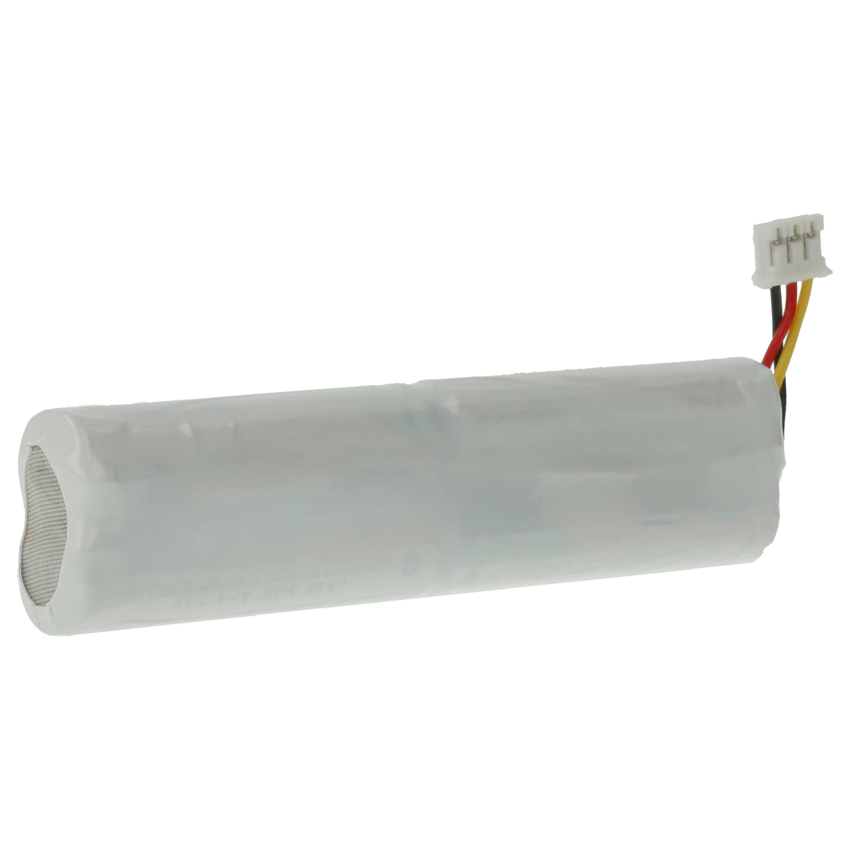 Ein weißer Akku mit drei Drähten und einem weißen Stecker.