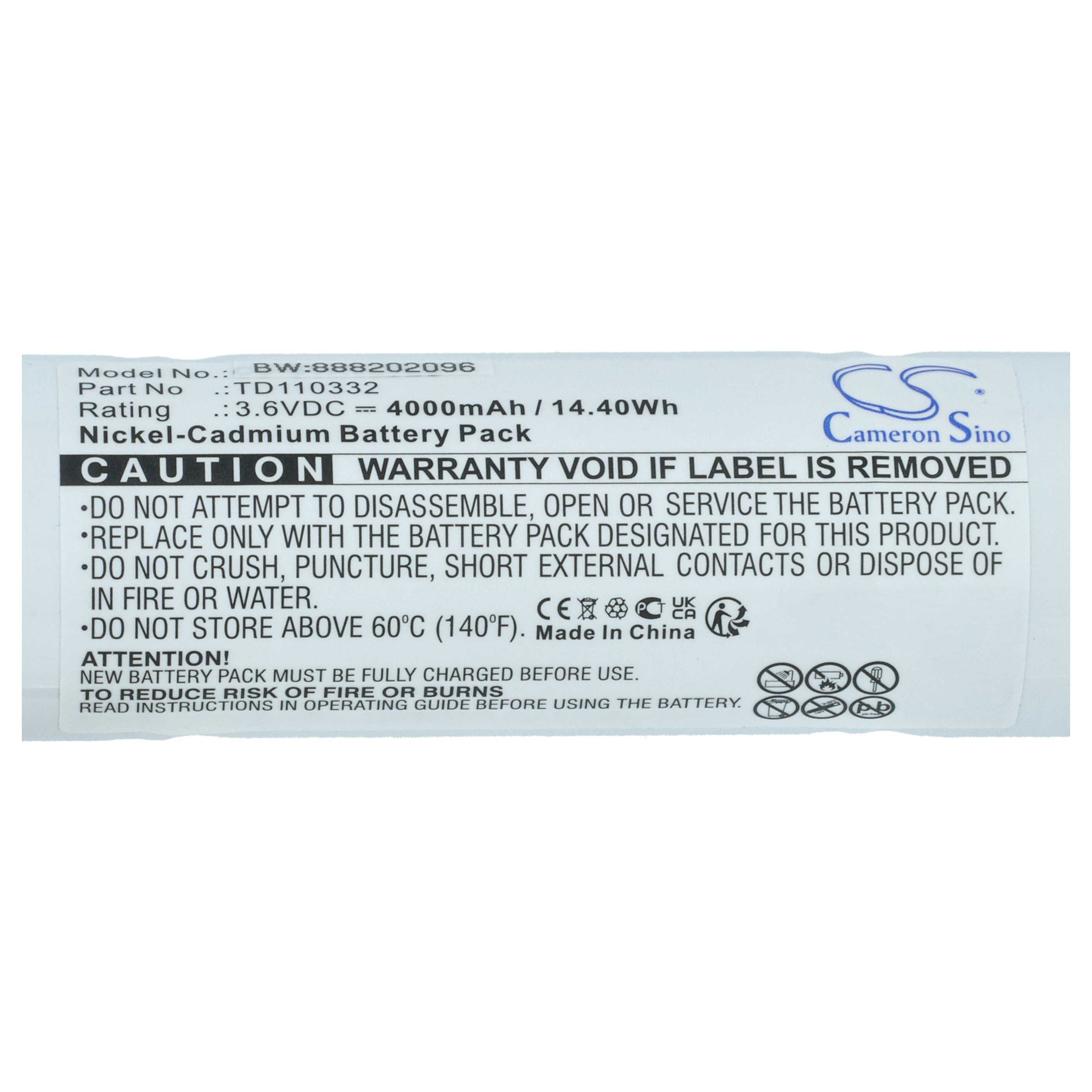 Cameron Sino Akku. Modell BW:888202096, 3,6VDC, 4000mAh, Nickel-Cadmium.