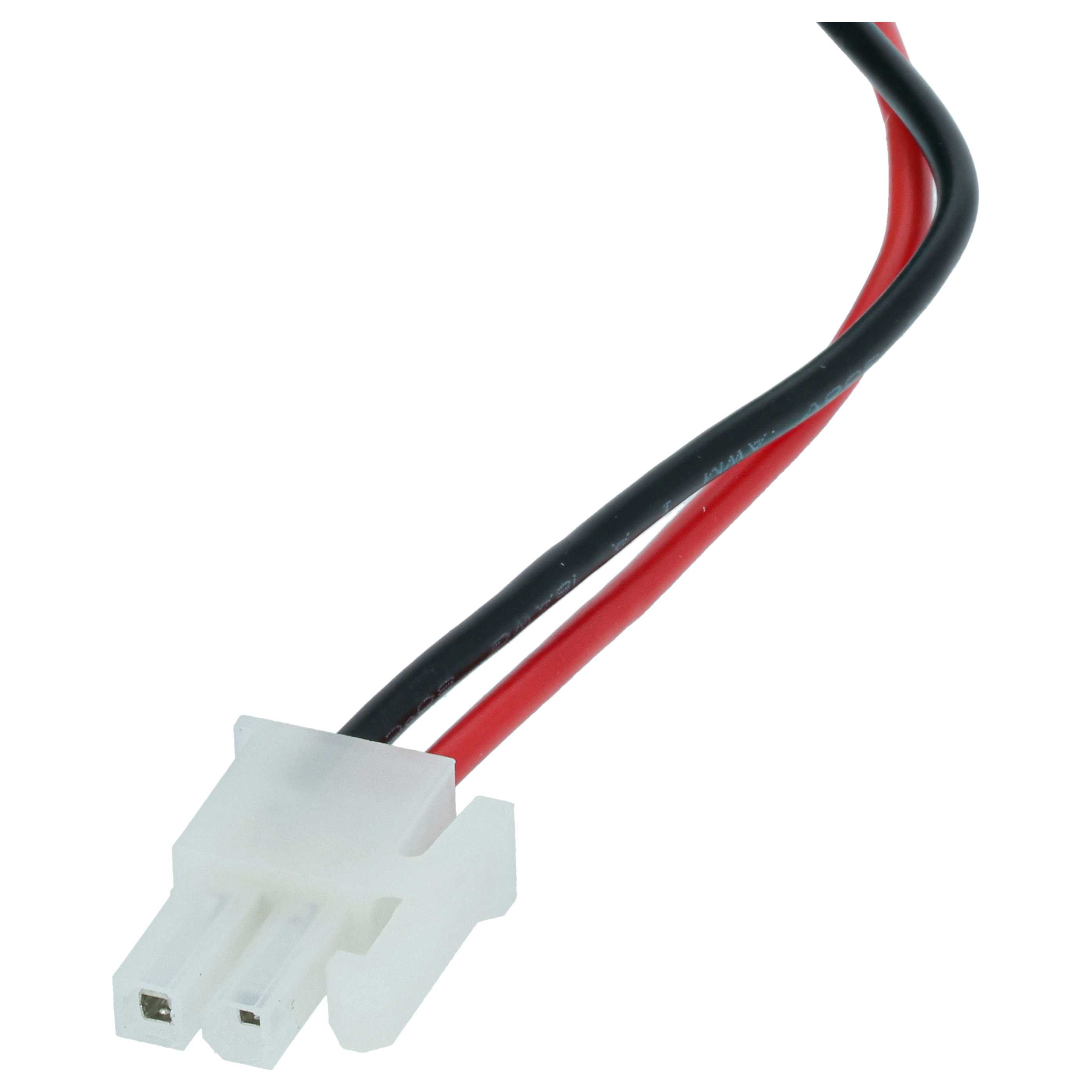Ein weißer Stecker mit roten und schwarzen Kabeln.