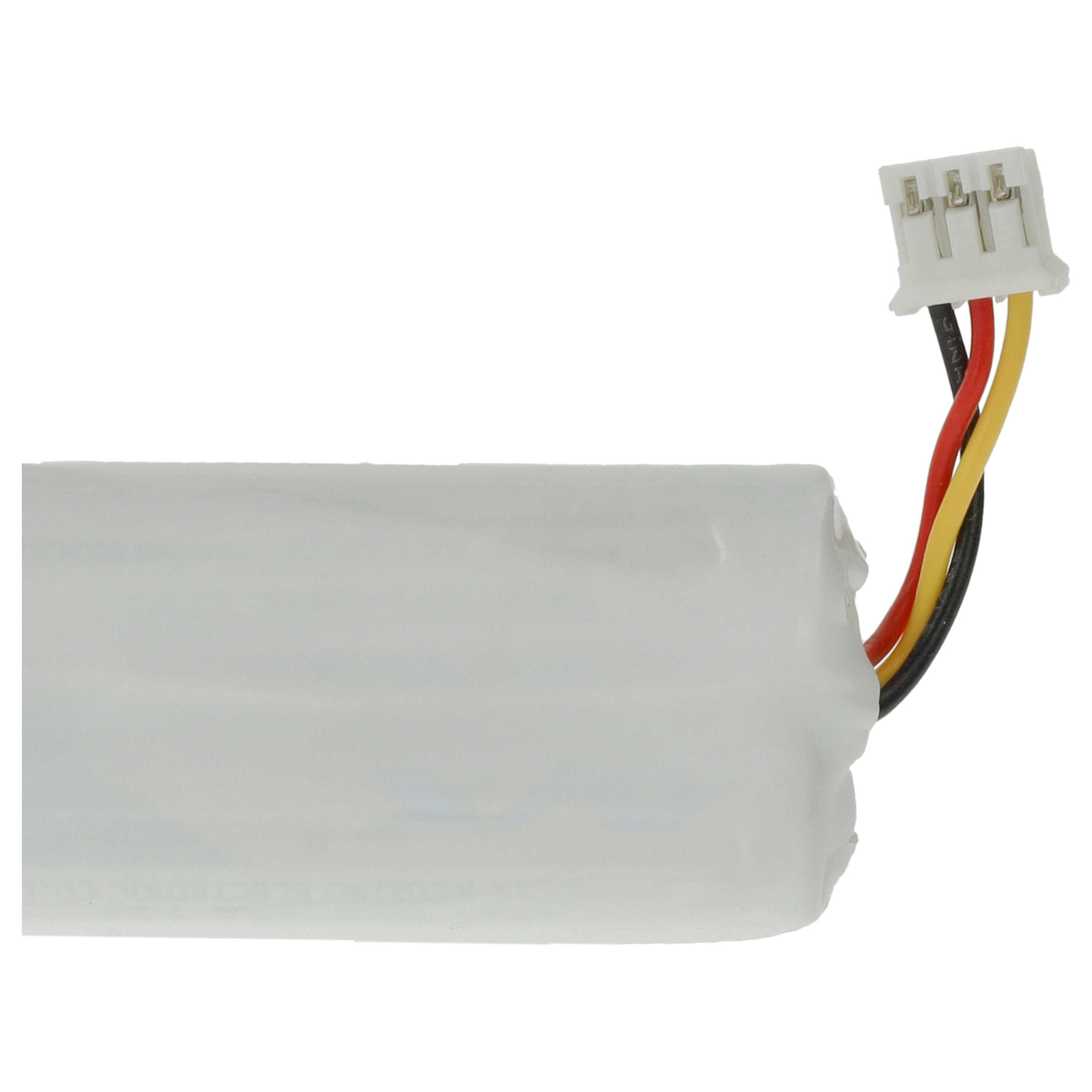 Ein weißer Akku mit drei Kabeln (schwarz, rot, gelb) und einem weißen Stecker.