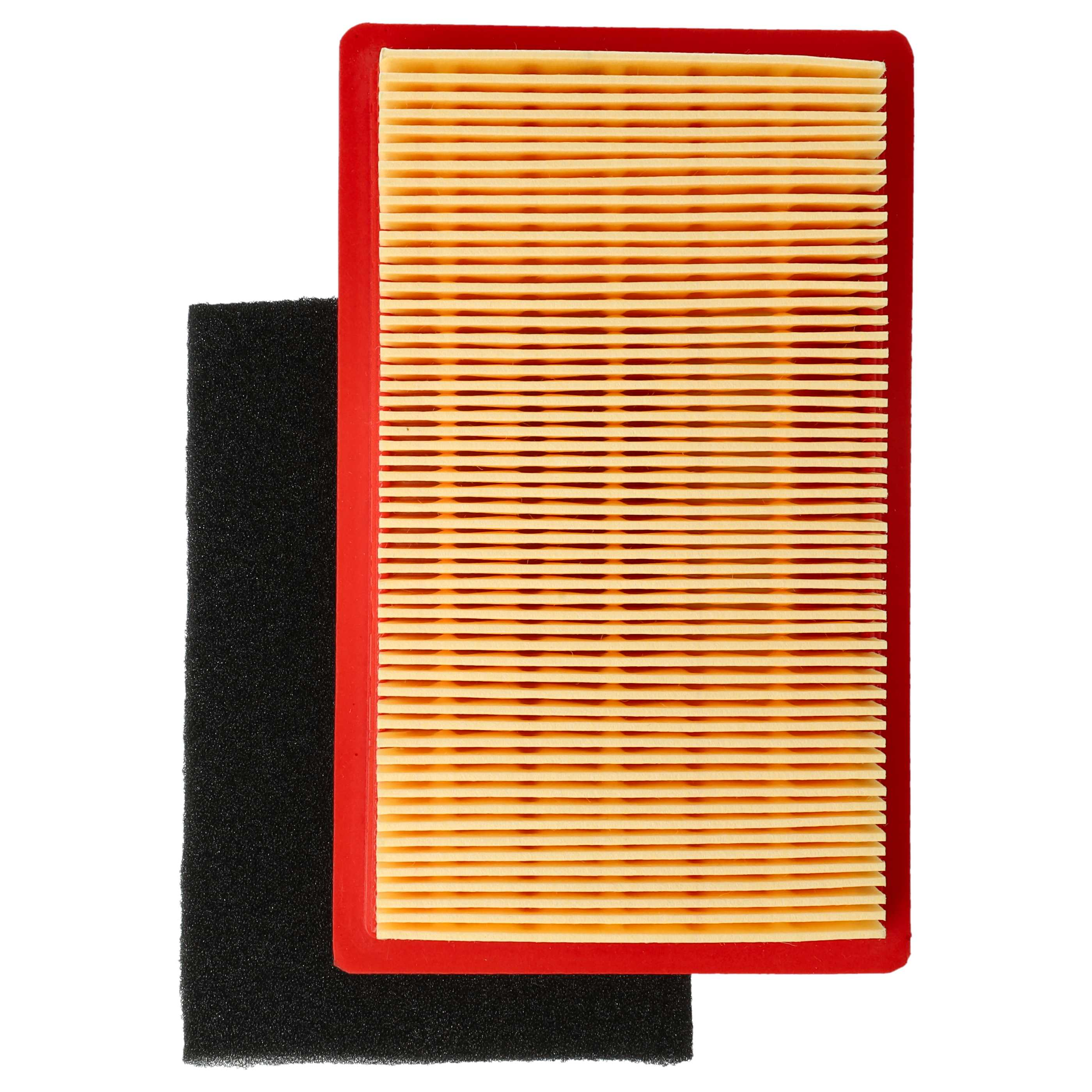 Ein roter Luftfilter mit gelben Falten neben einem schwarzen Schaumstoffteil.