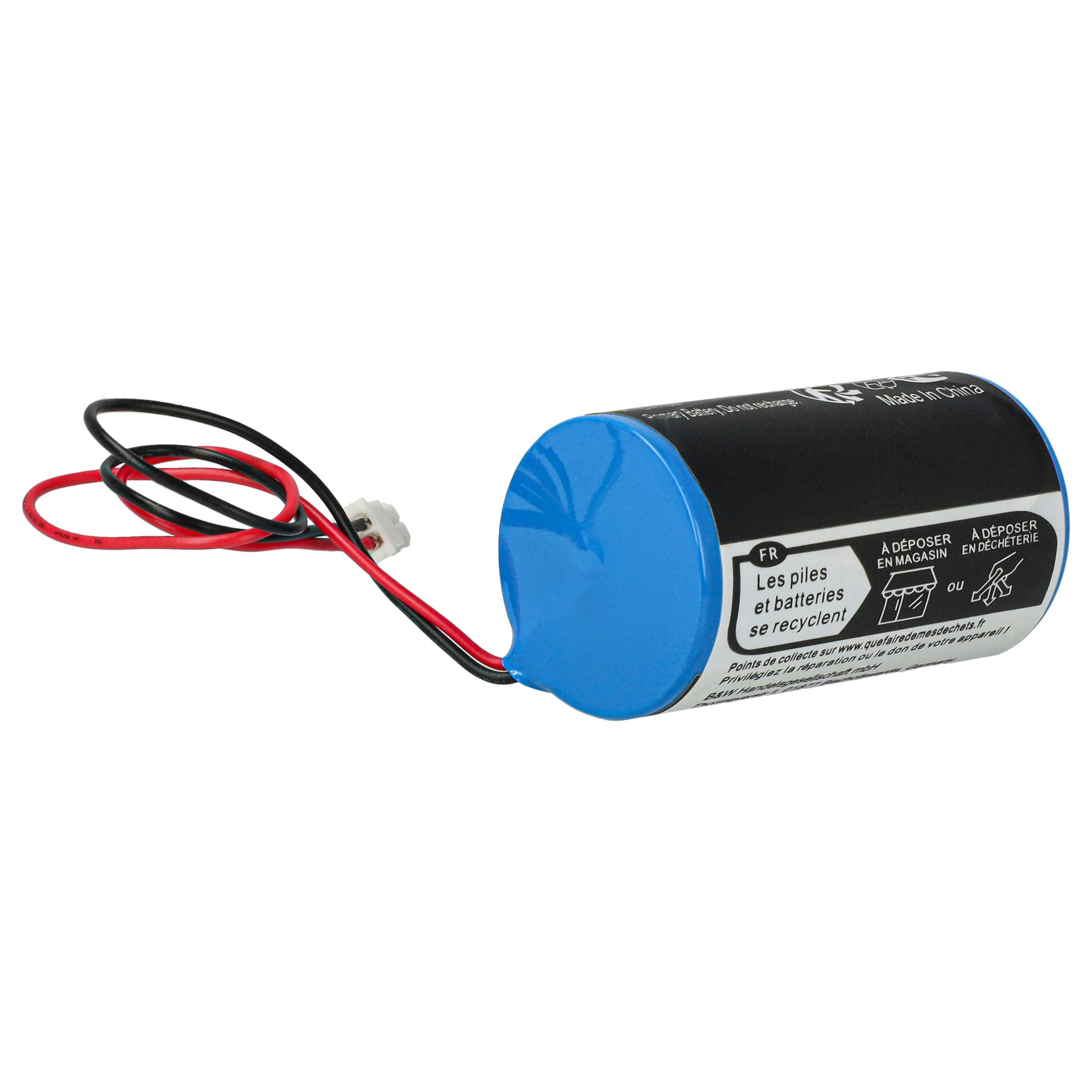 Eine zylindrische Batterie mit blauer Kappe und Drähten.