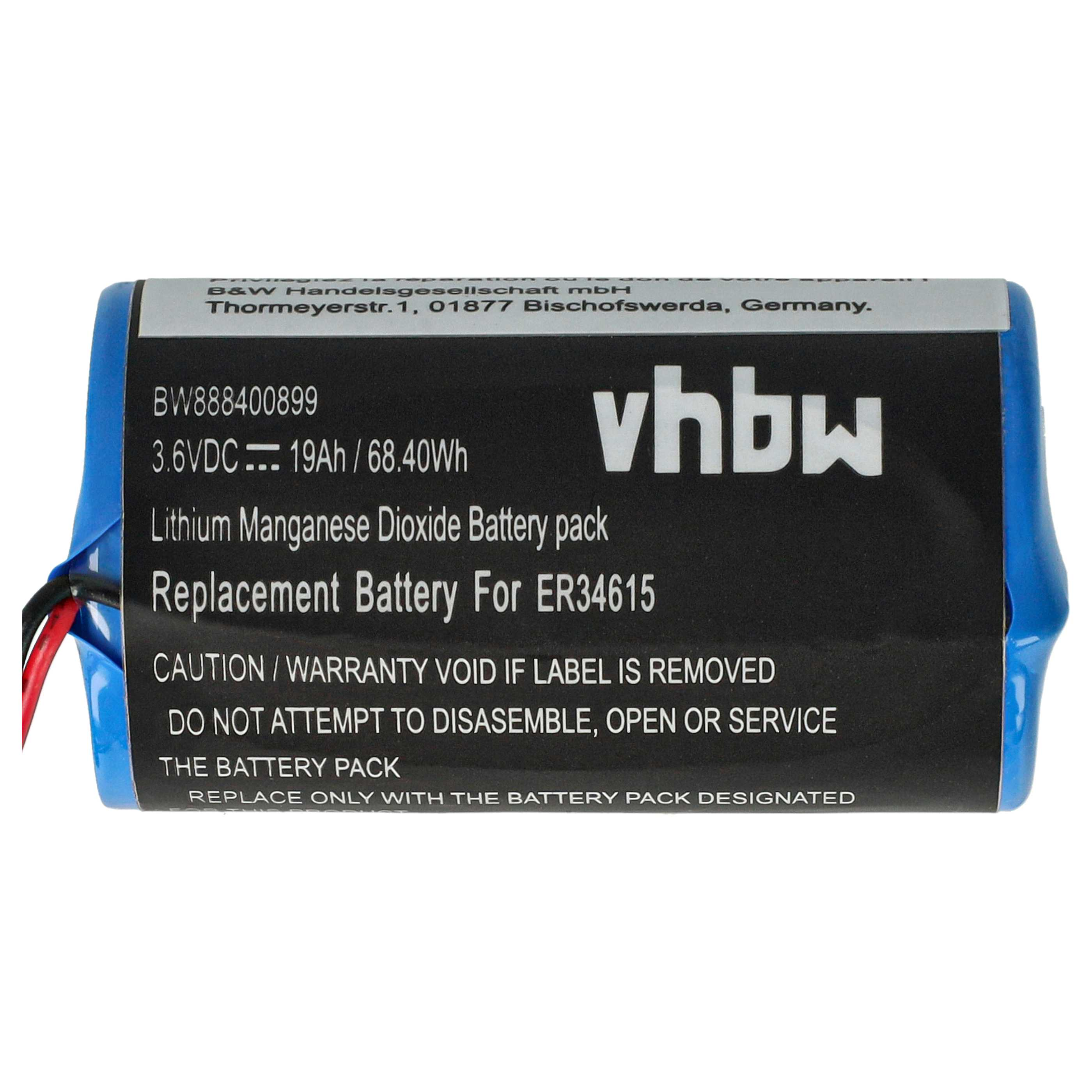 Eine blaue Batteriepack mit schwarzen Aufklebern, die Spezifikationen und Warnungen auflisten.