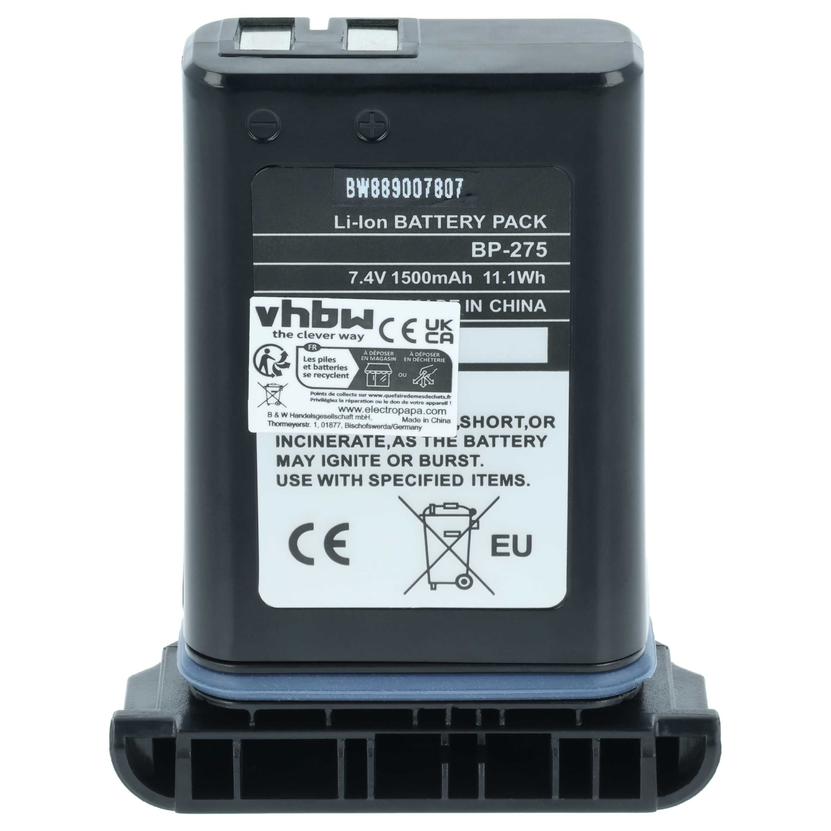 Schwarzer Li-Ion Akku BP-275, 7,4V, mit Aufdruck und Halterung.