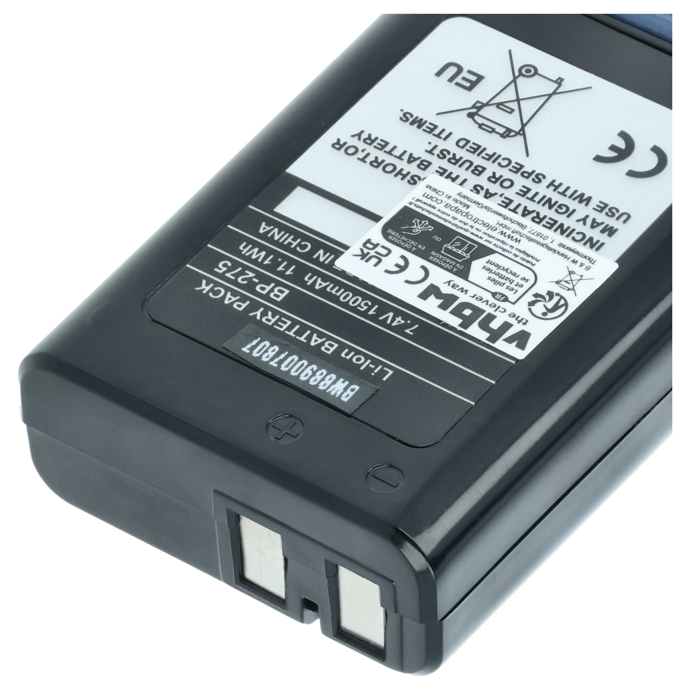 Schwarzer Li-Ion Akku BP-275, 7.4V 1500mAh, mit Ladekontakten und Warnhinweisen.