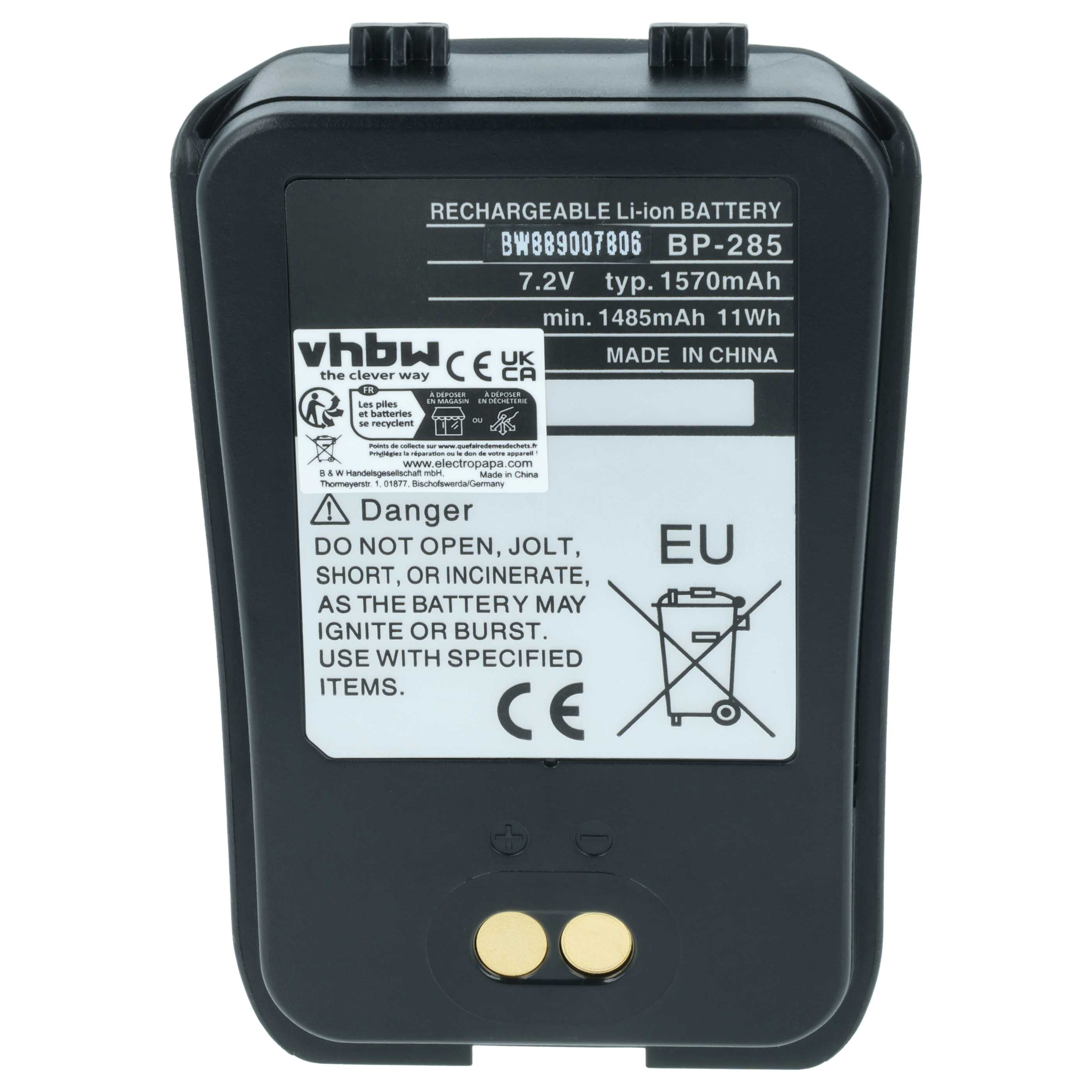 Schwarzer Akku mit Beschriftung: Li-Ion, 7.2V, 1570mAh, BP-285.