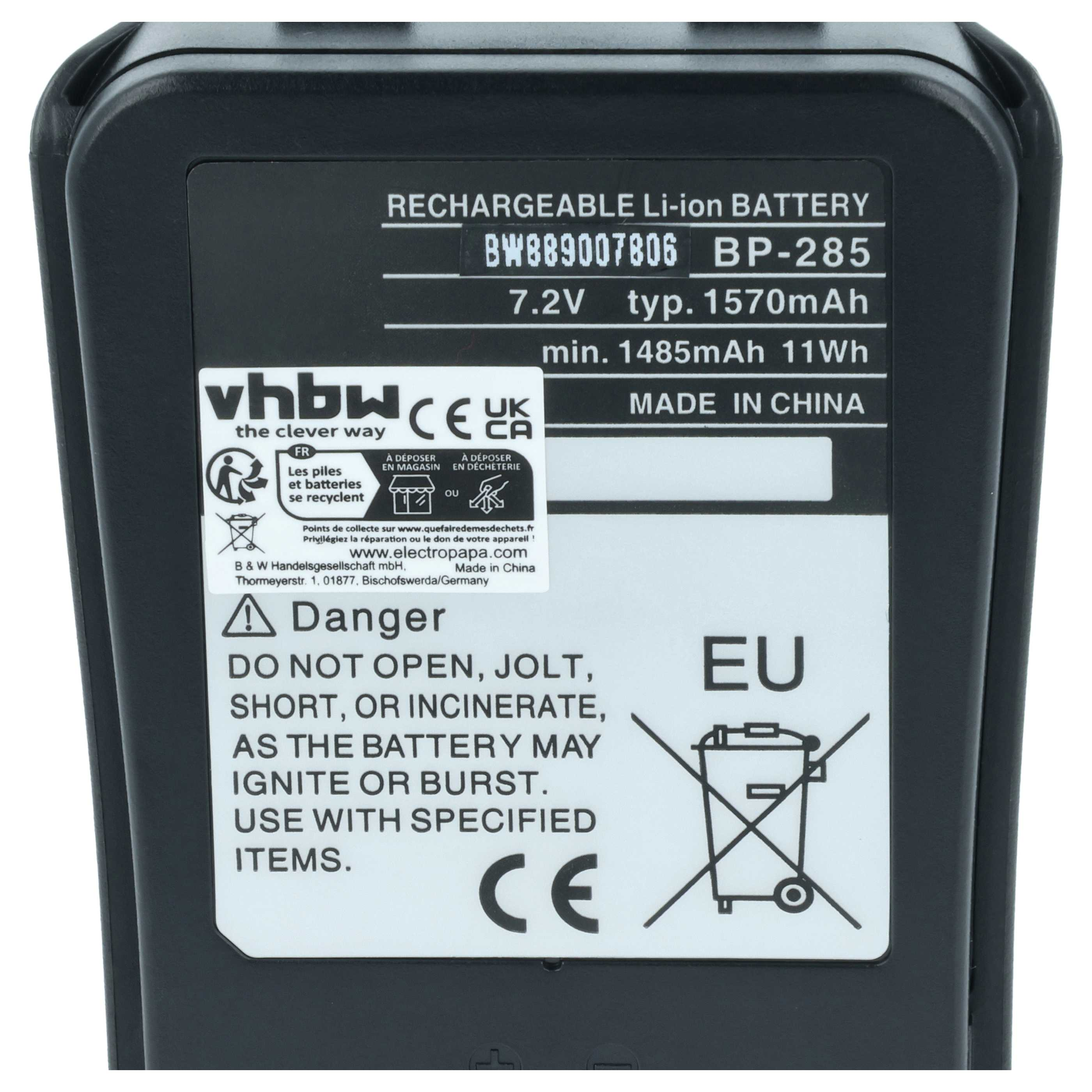 Schwarzer Akku mit weißer Beschriftung: Li-ion, 7.2V, 1570mAh.