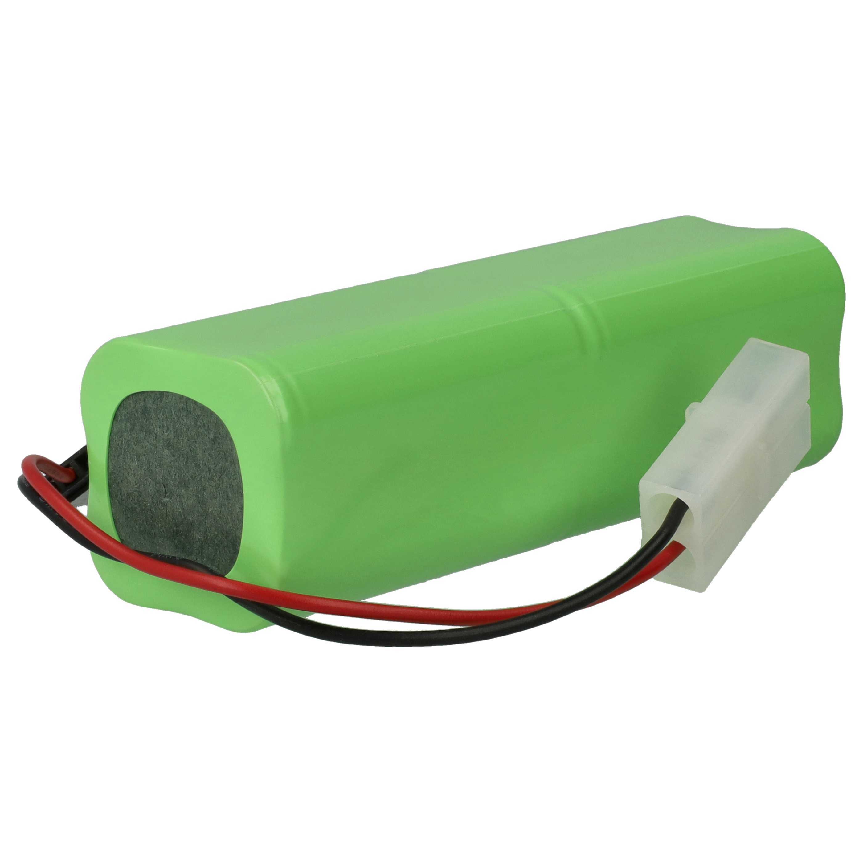 Grüner Akku mit roten und schwarzen Kabeln und weißem Stecker.