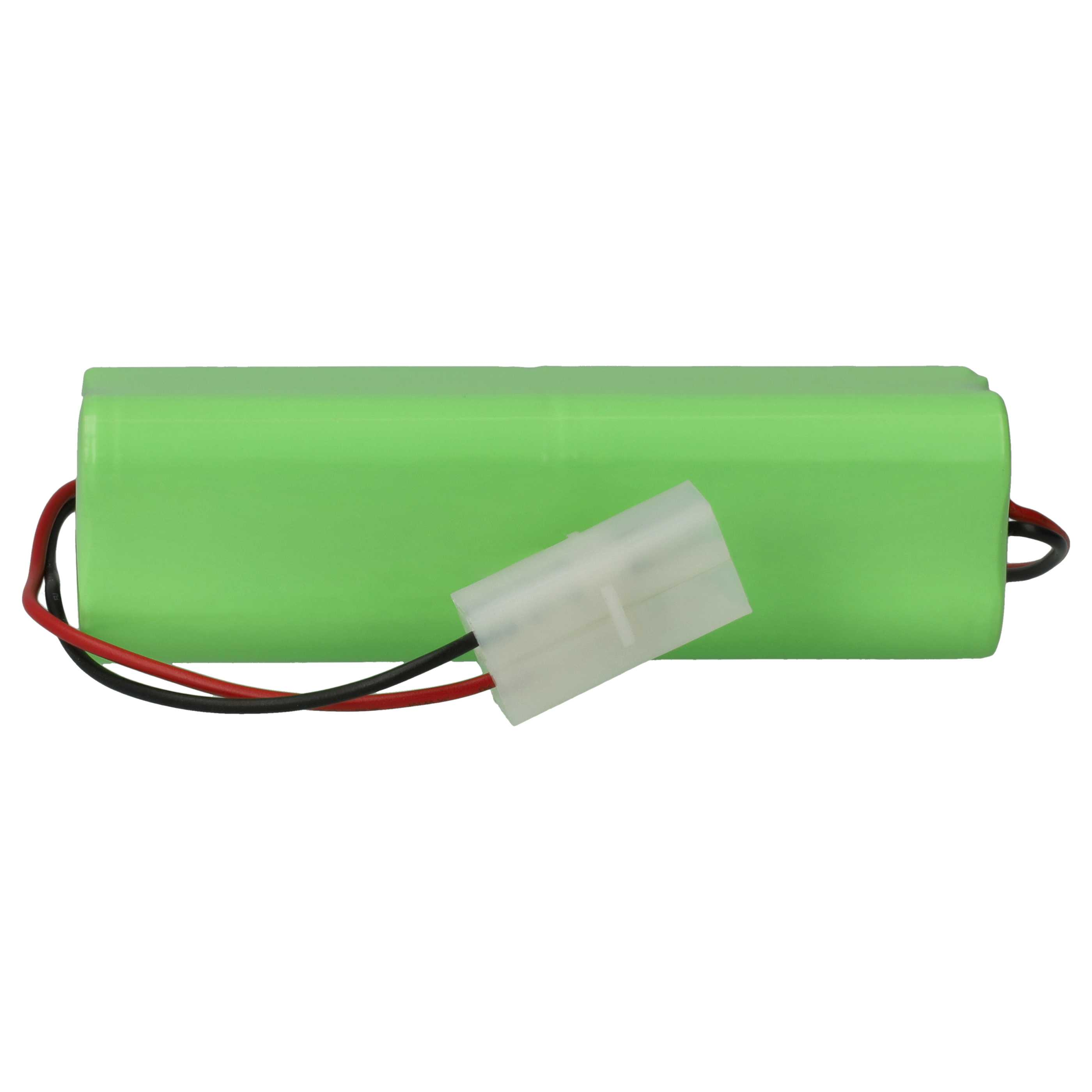 Eine grüne Batterie mit schwarzen und roten Drähten und einem weißen Stecker.