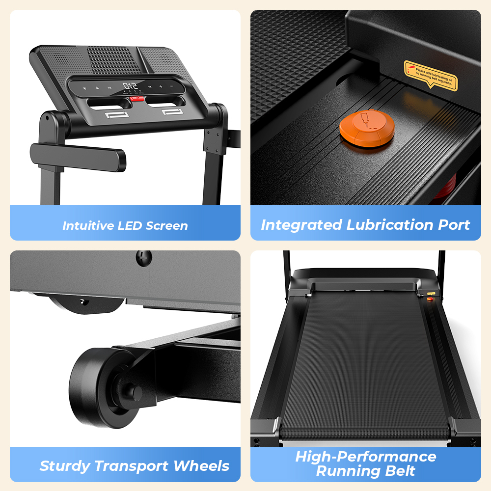 Bieżnia z ekranem LED, portem smarowania, kółkami transportowymi i pasem bieżnym.