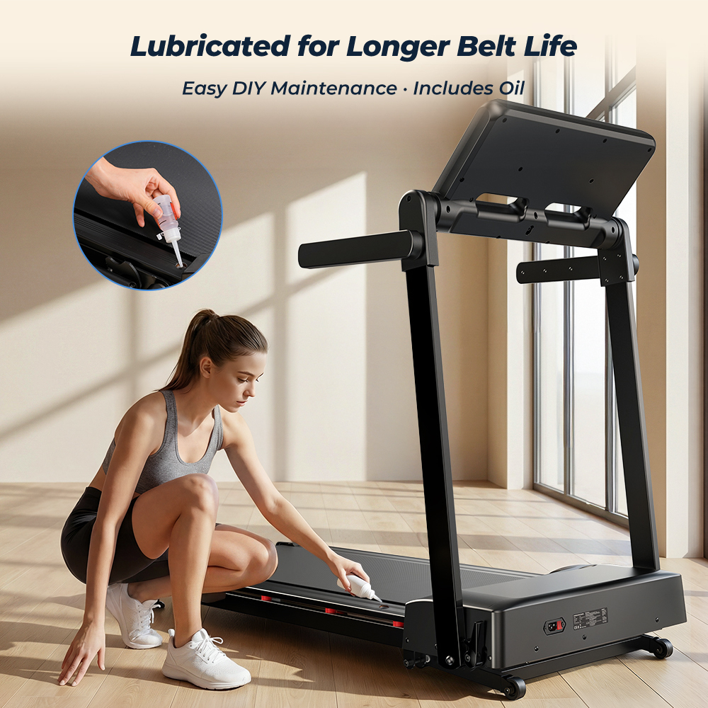 Kobieta nakłada smar na pas bieżni. Łatwa konserwacja DIY.