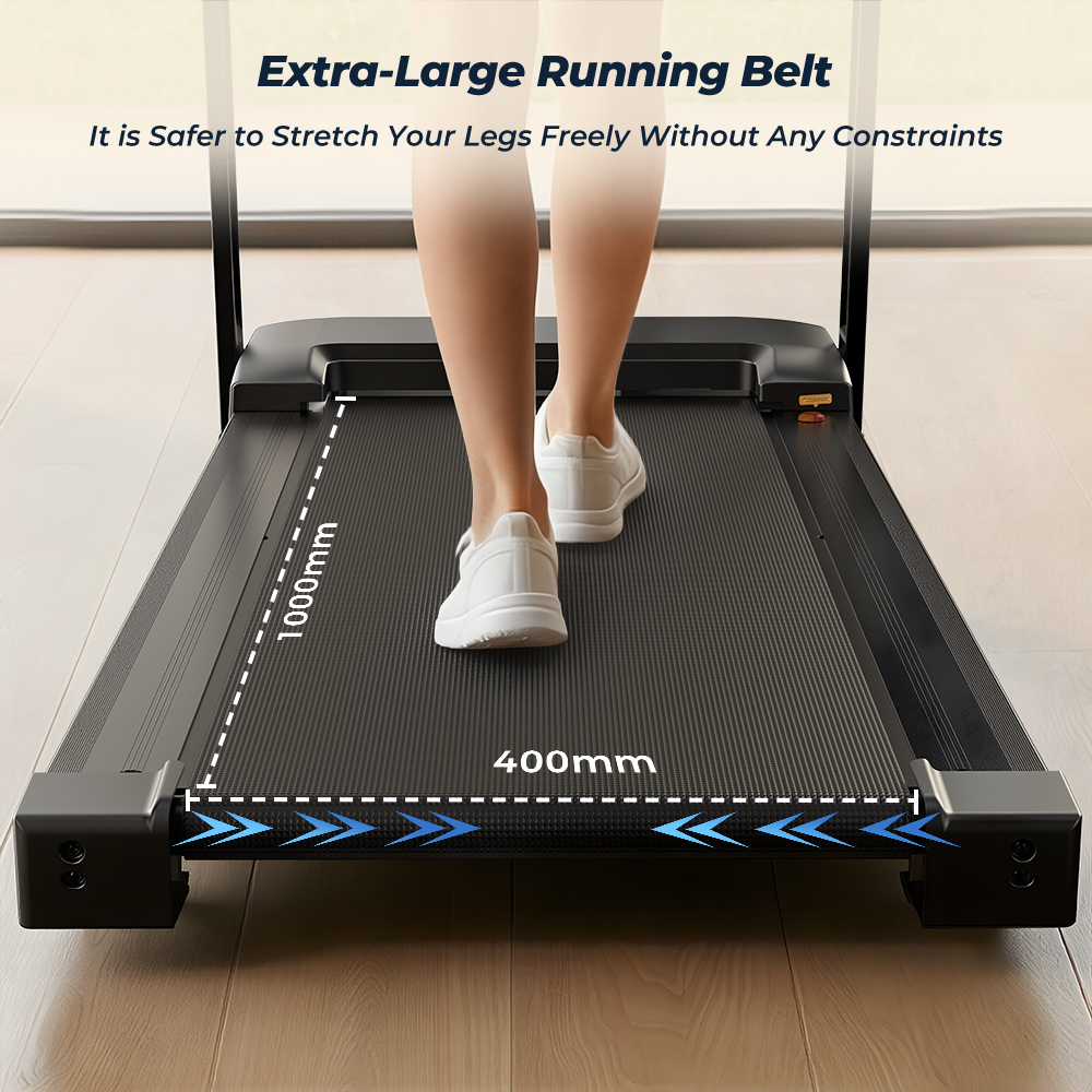 Osoba idąca na bieżni z oznaczeniami 1000mm i 400mm.