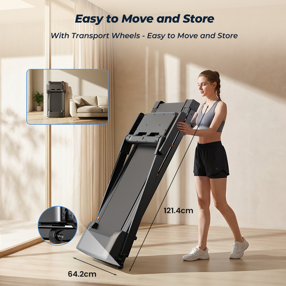 Kobieta pcha składaną bieżnię. Wymiary: 121,4cm x 64,2cm.