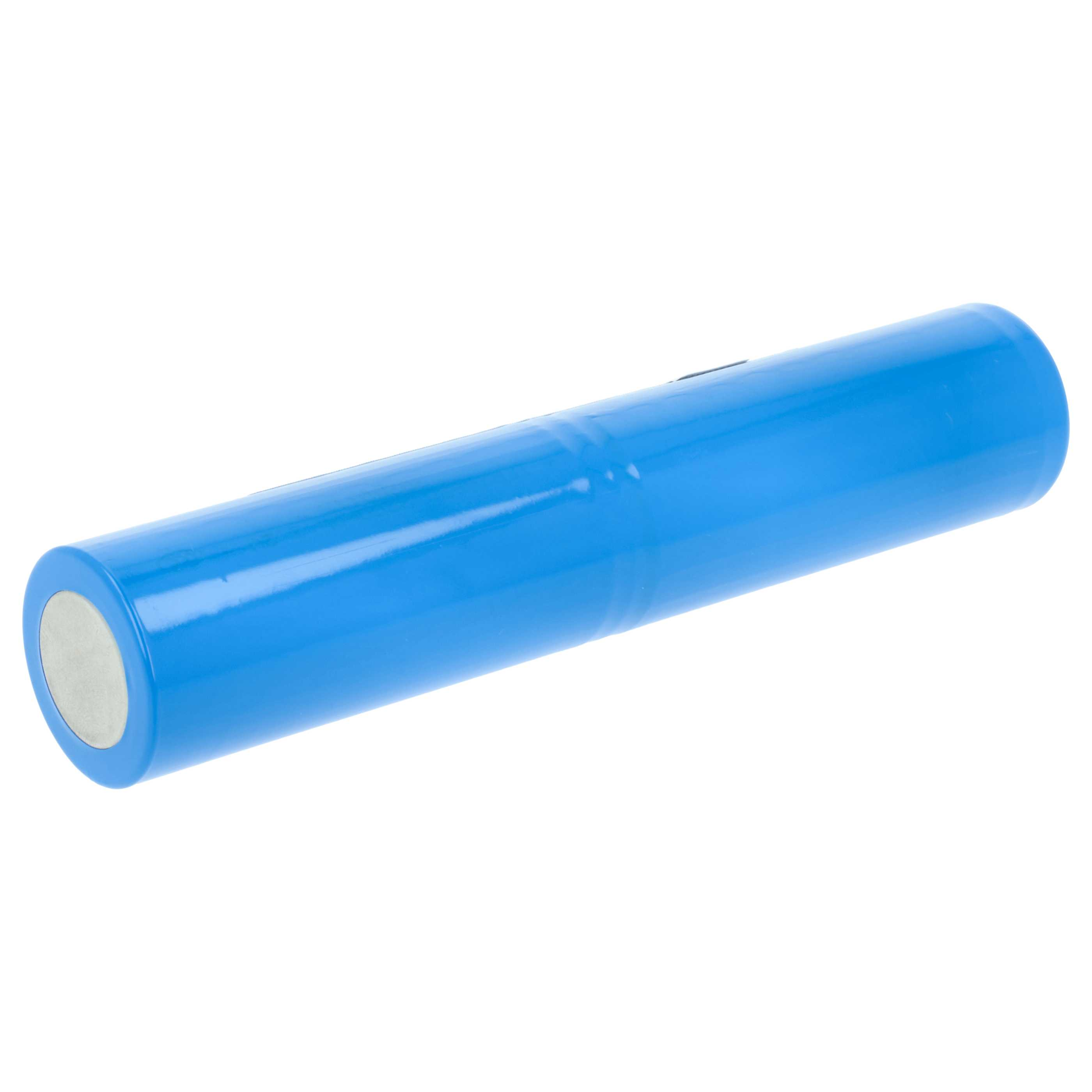 Ein einzelner blauer Lithium-Ionen-Akku auf weißem Hintergrund.