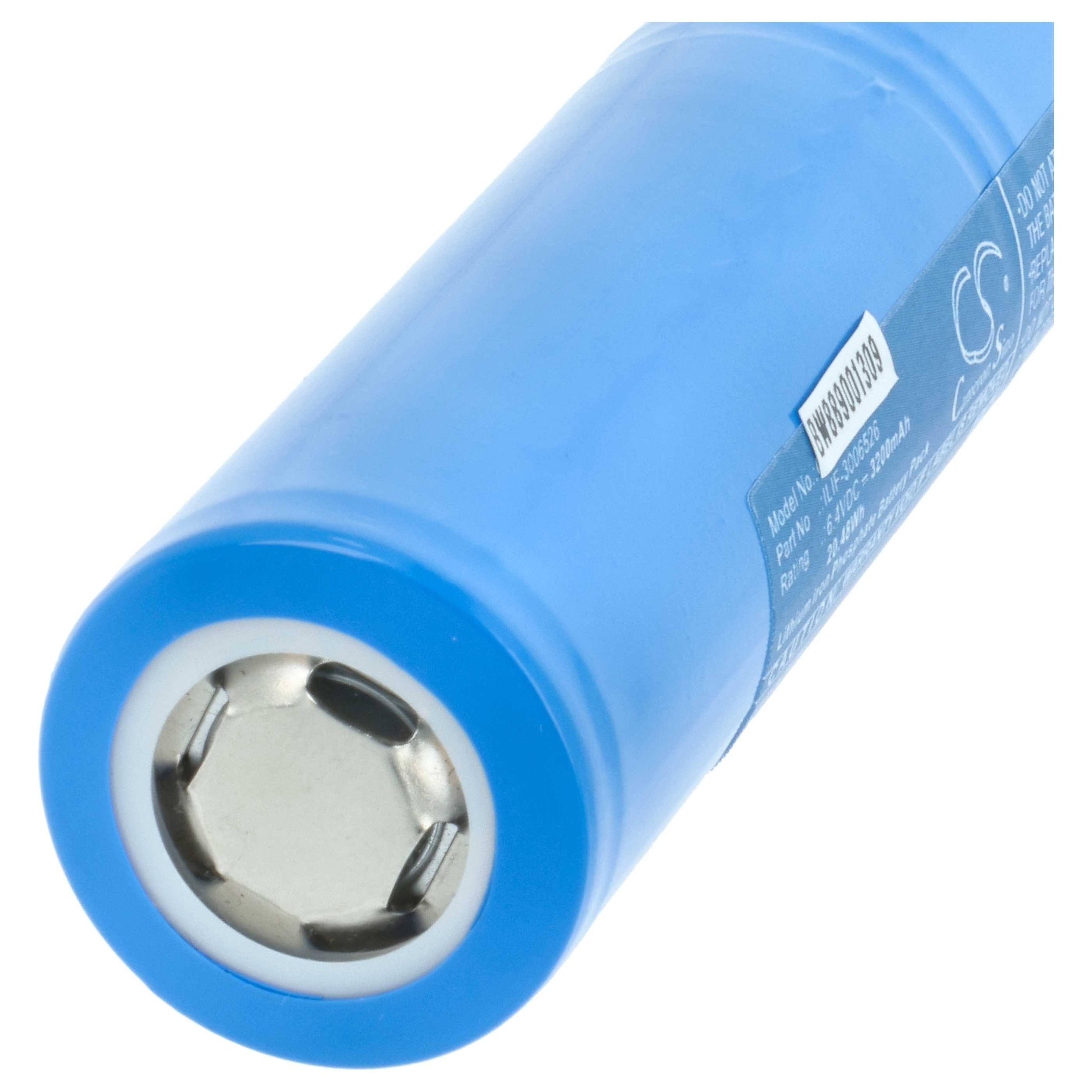 Eine blaue Batterie mit einem silbernen Pluspol und Beschriftungen.