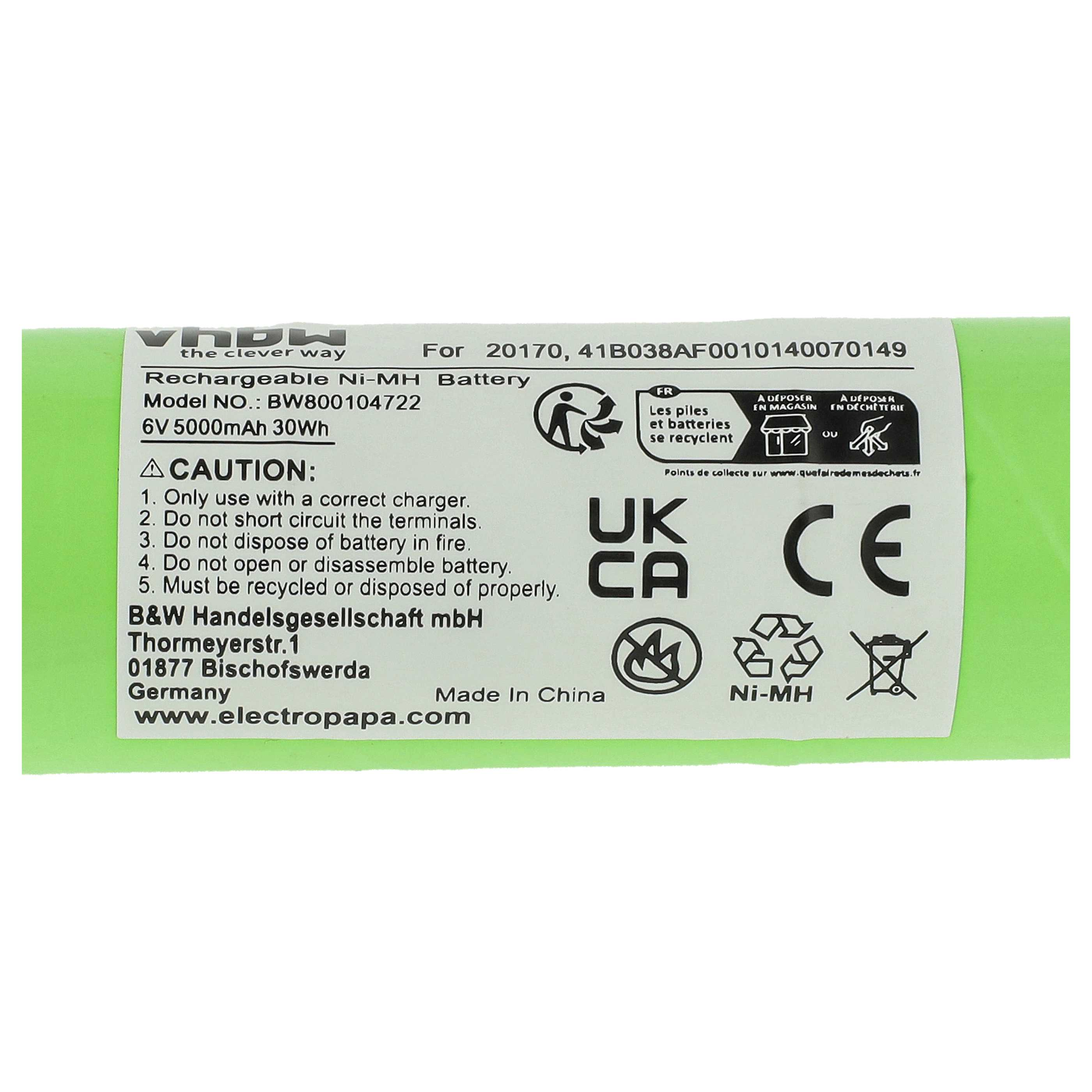 Grüne Verpackung mit schwarzem Text: Ni-MH Akku, Modell BW800104722, 6V 5000mAh.