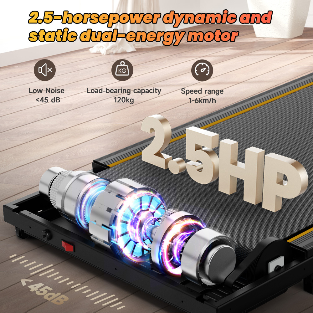 Silnik bieżni 2,5 KM, niski poziom hałasu (<lt/>45 dB), nośność 120 kg.