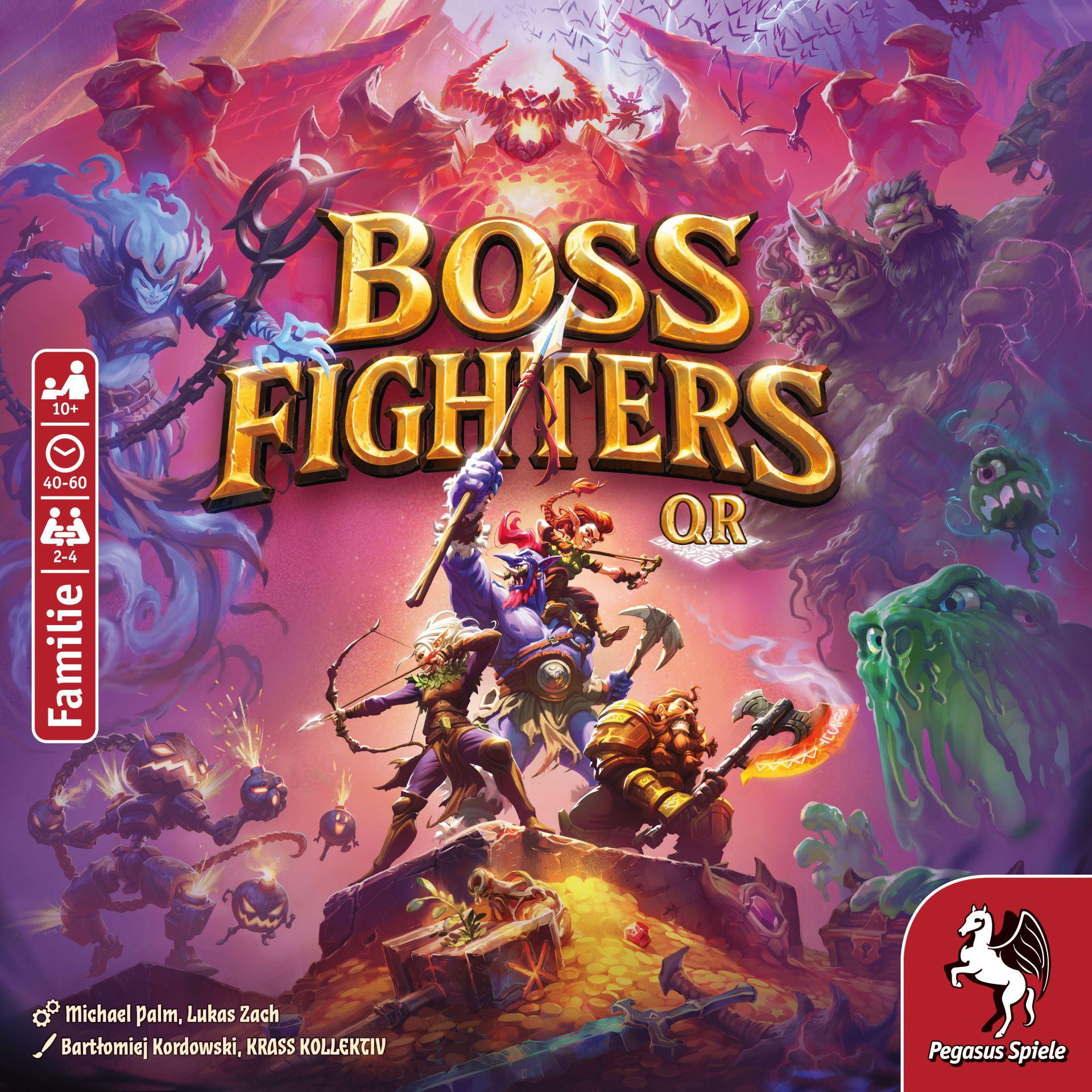 Fantasy-Brettspielcover: Helden kämpfen gegen Monster unter einem blutroten Himmel.