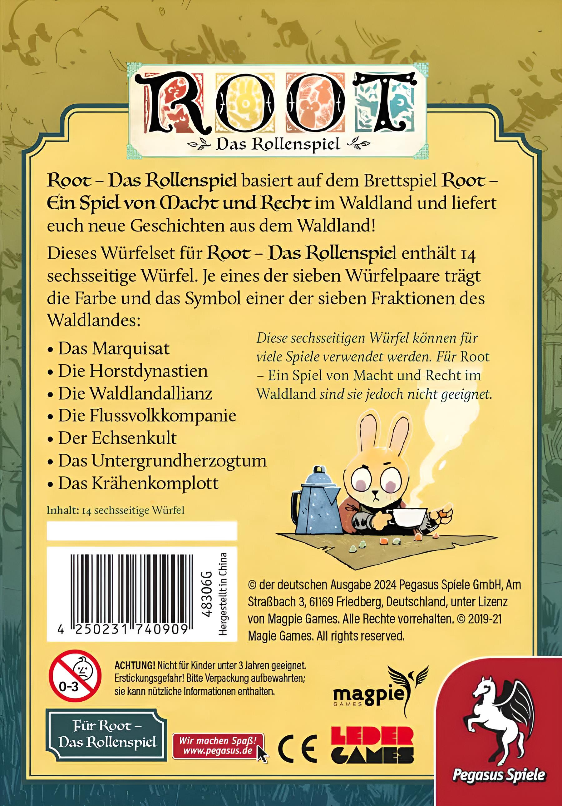 Die Rückseite der Root-Erweiterung mit Spielinformationen und Illustrationen.