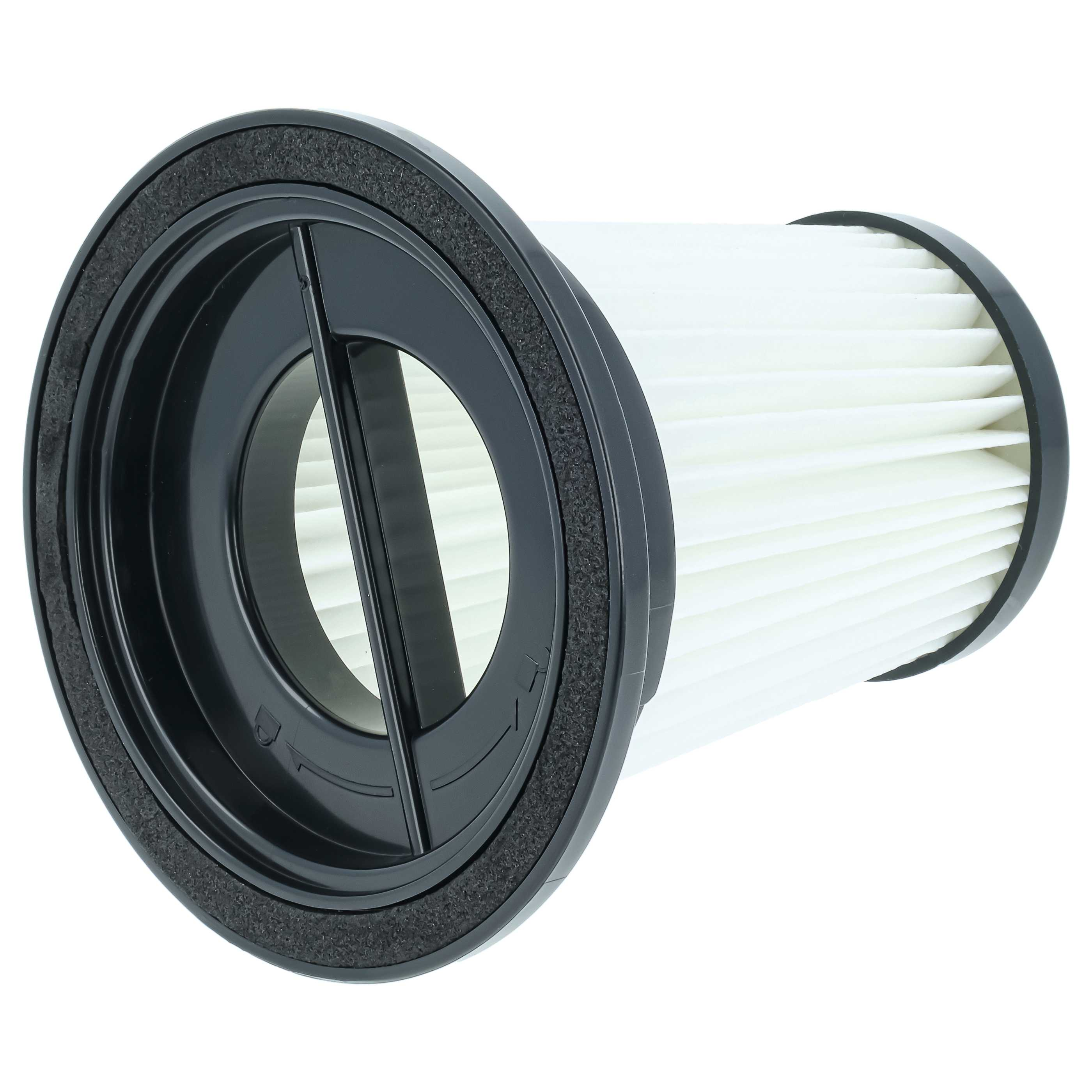 Ein weißer HEPA-Filter mit schwarzem Rahmen und Dichtung, auf weißem Hintergrund.
