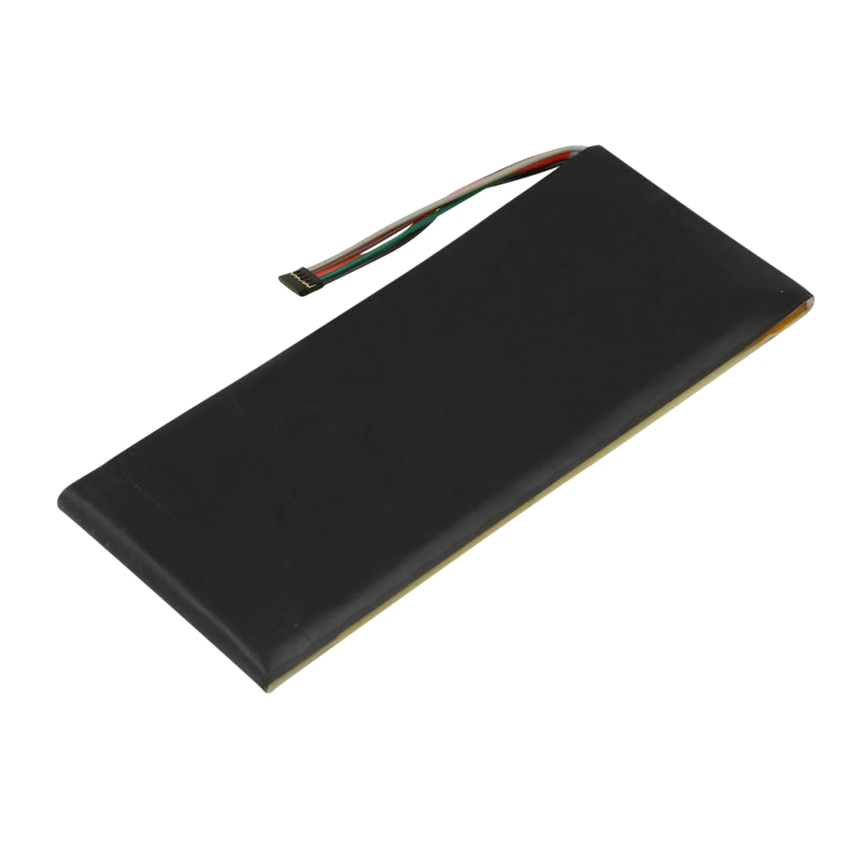 Batteria nera con connettore a filo colorato, isolata su bianco.